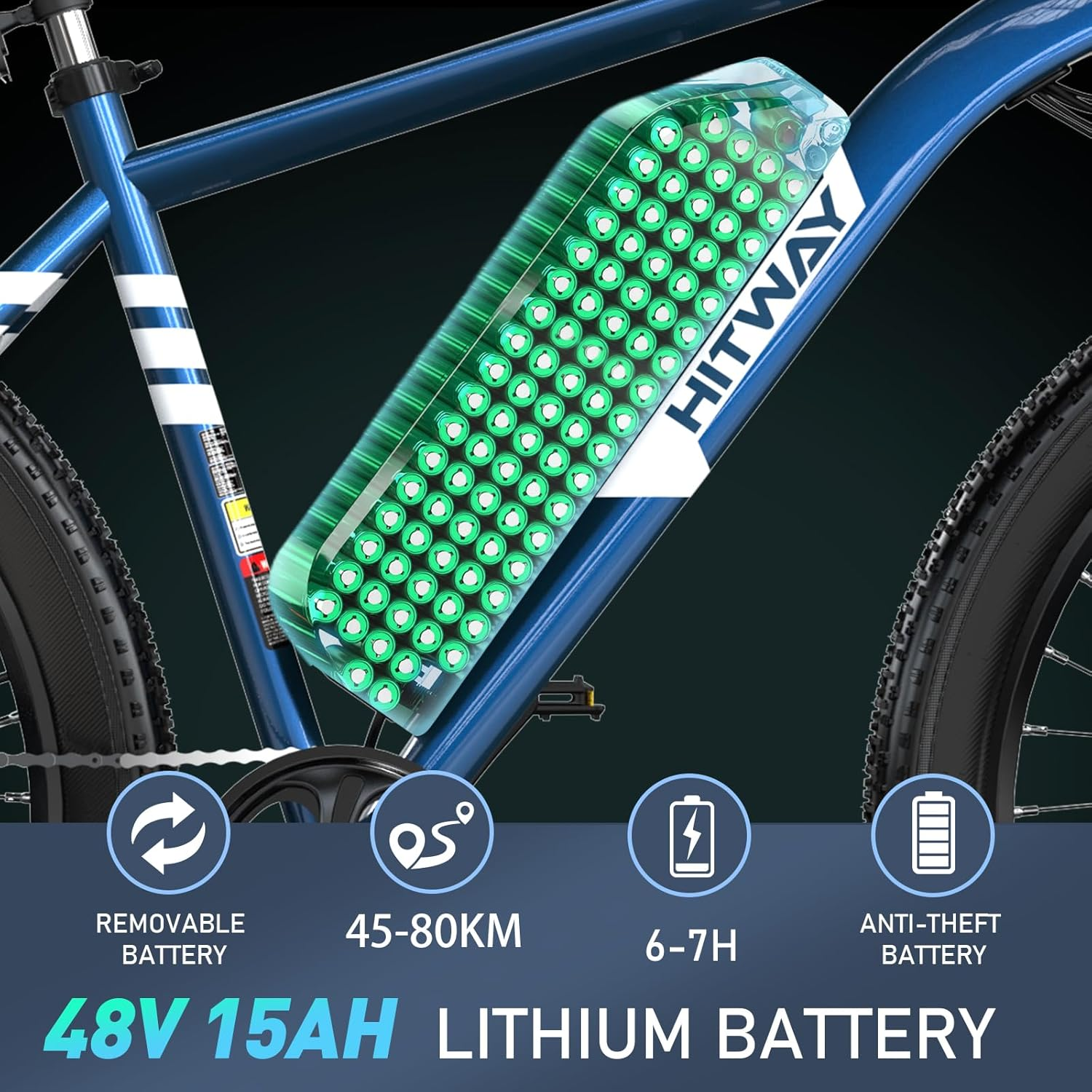 Blaues E-Bike mit großem Akku und Symbolen, die Funktionen anzeigen.