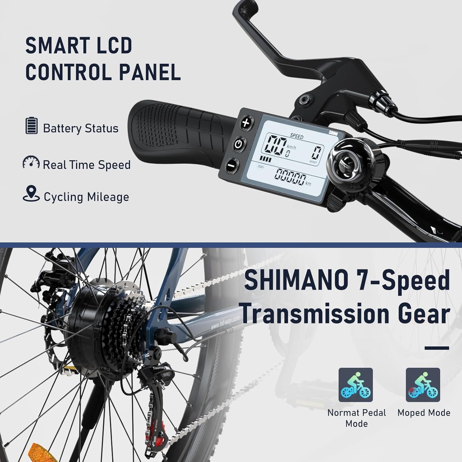 LCD-Bedienfeld und Shimano 7-Gang-Getriebesystem an einem Fahrrad.