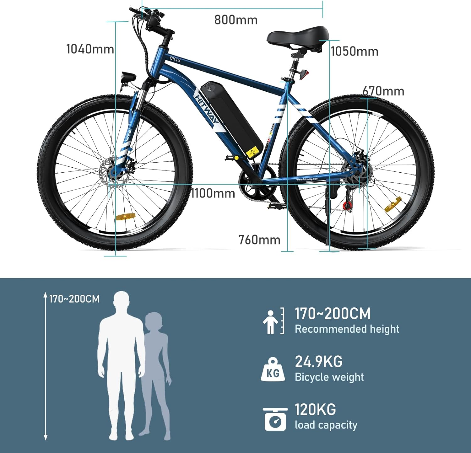 Ein blaues Fatbike. Das Fahrrad hat Abmessungen und eine Personenhöhenführung.