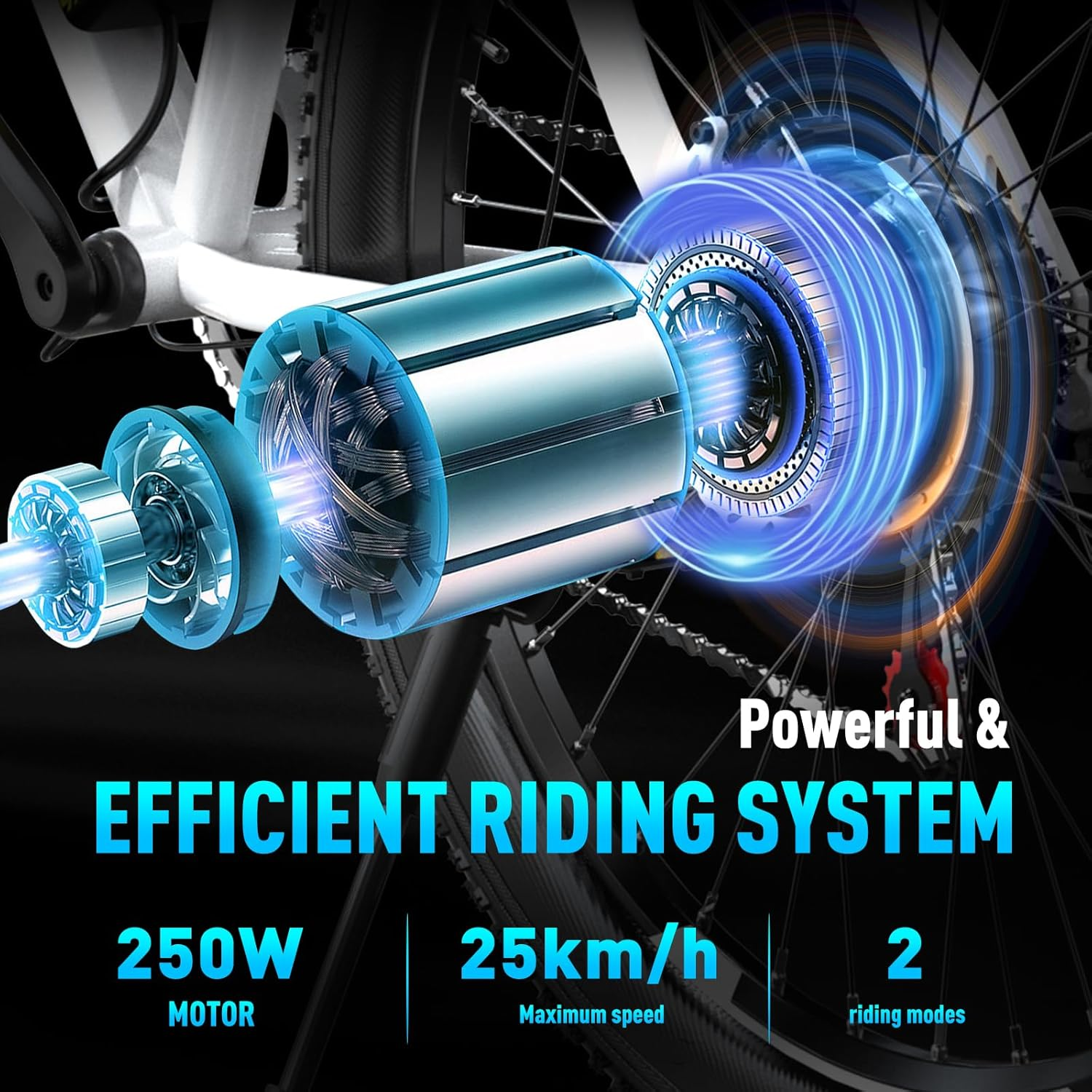 Motore per bici elettrica con testo: Sistema di guida potente ed efficiente, motore da 250W.