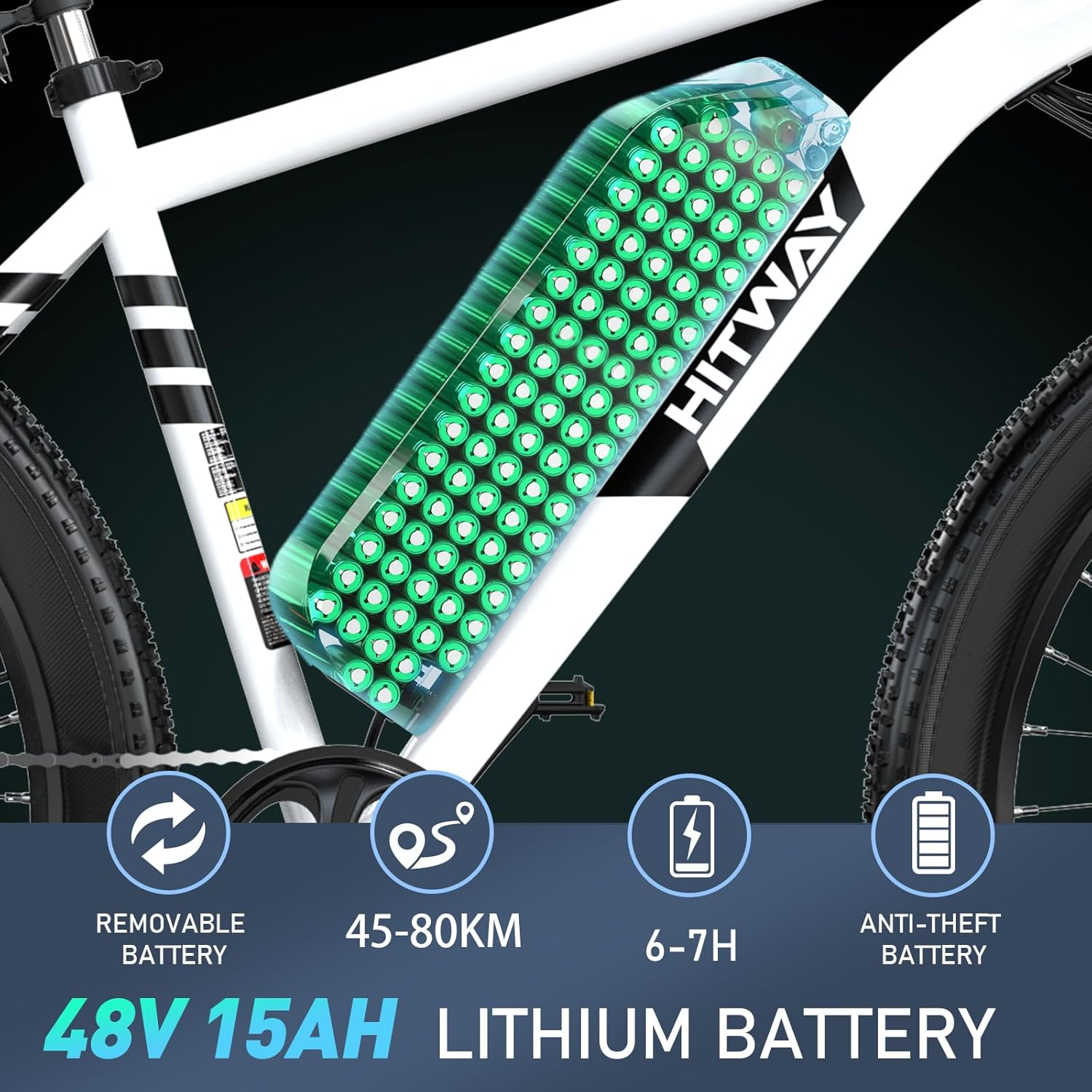 Una bicicletta bianca con una batteria, che mostra informazioni sulla batteria.