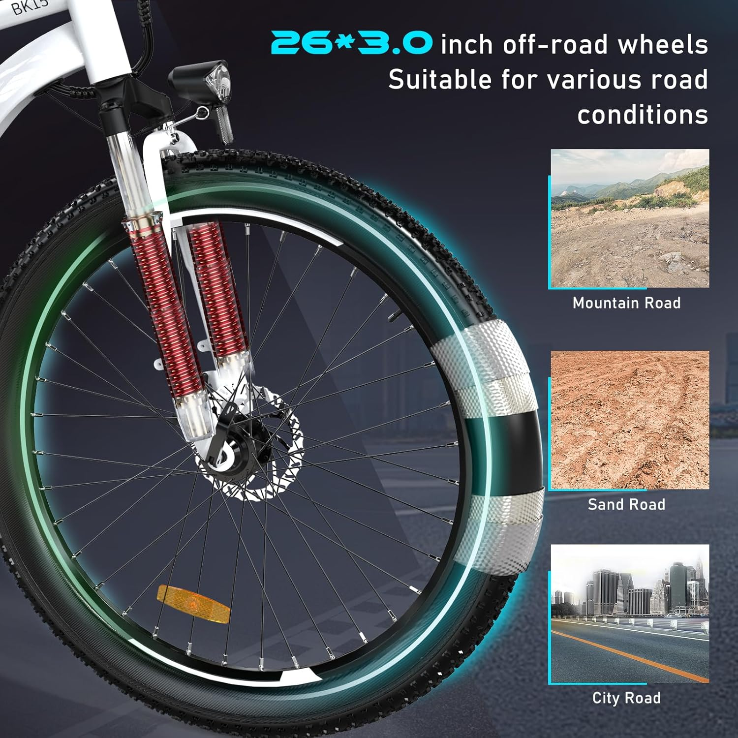 Ruota di mountain bike, con testo sulle condizioni fuoristrada e illustrazioni.
