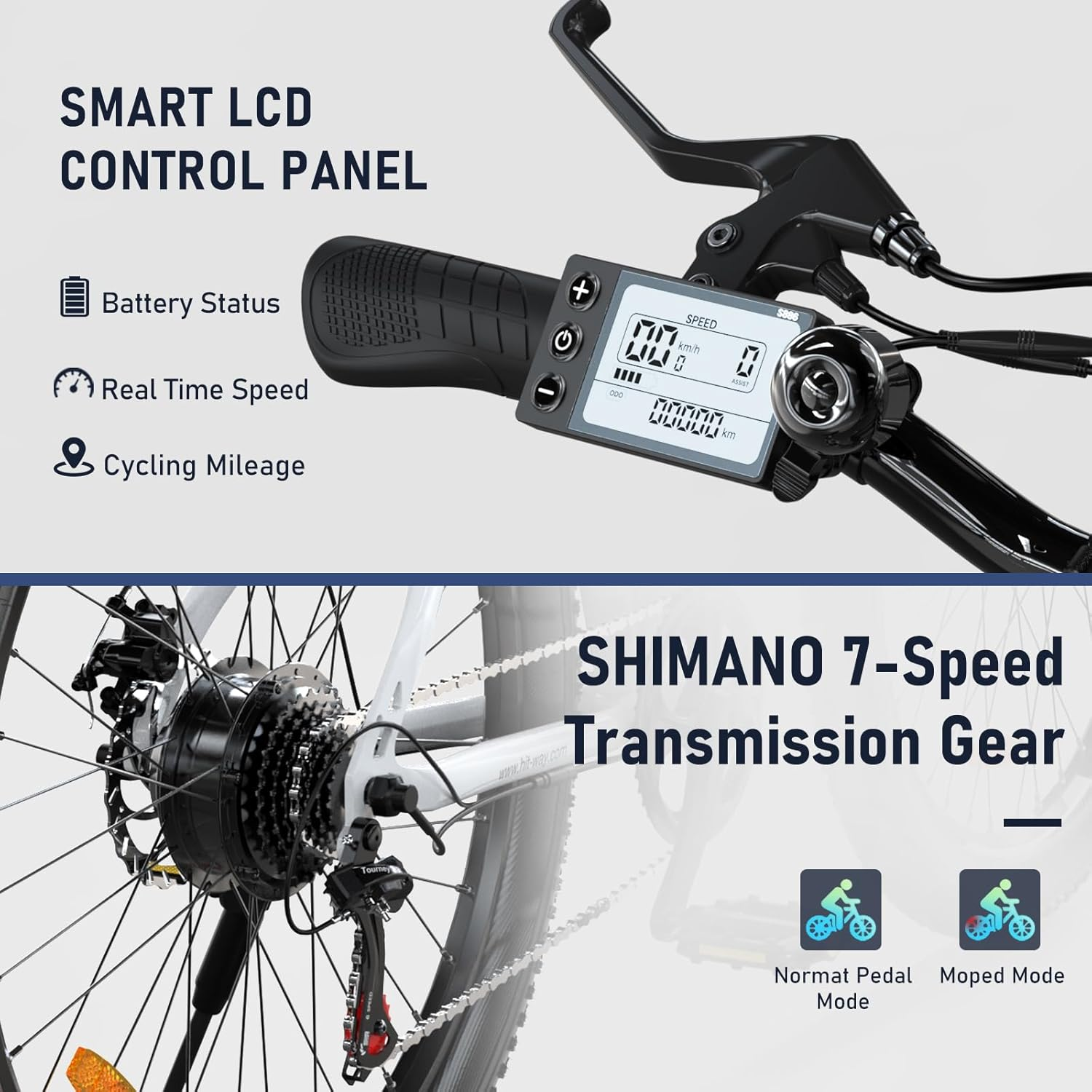 Un pannello di controllo LCD intelligente su una bici con indicatori di batteria, velocità e chilometraggio.