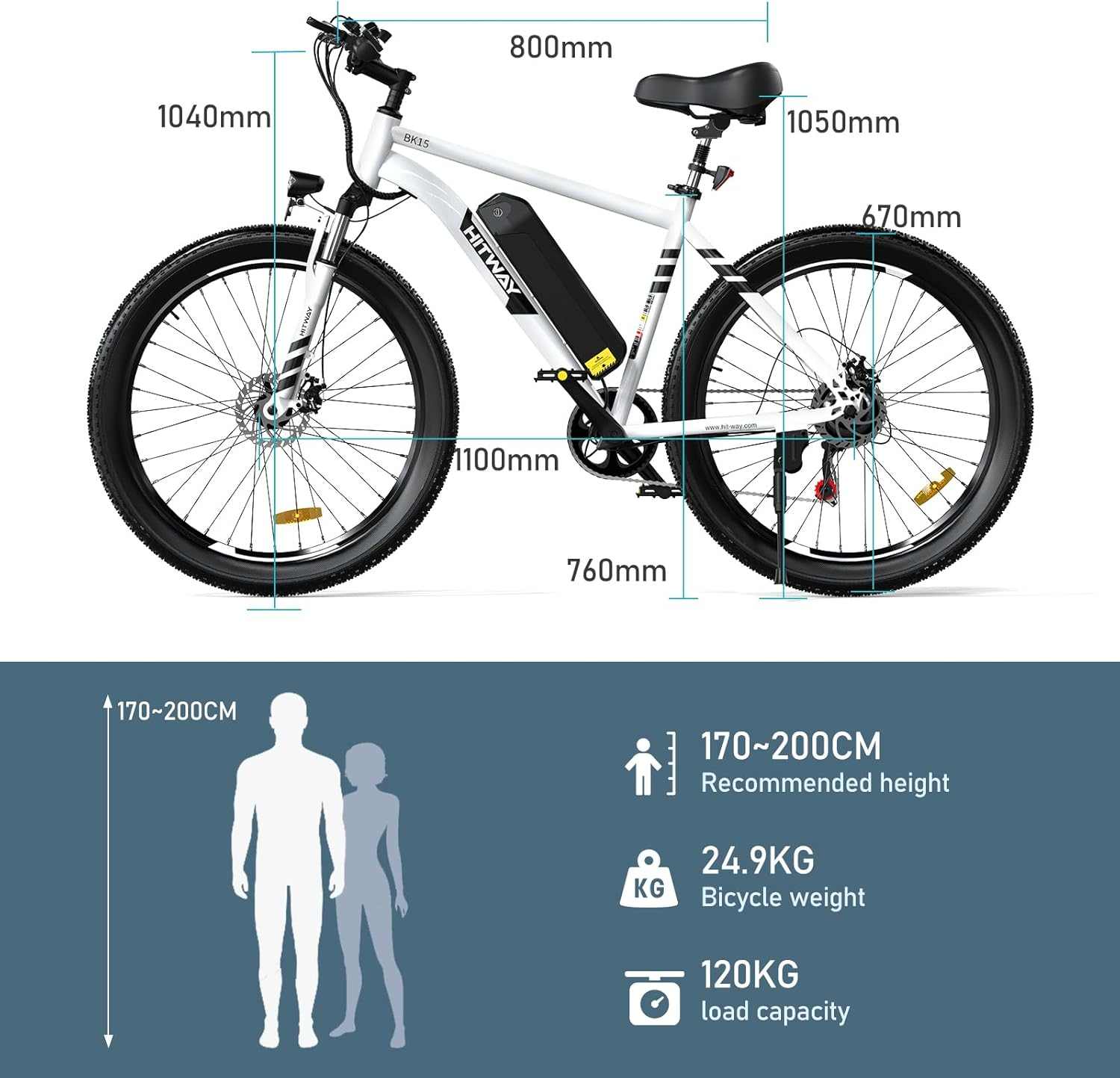 Una bici elettrica con dimensioni e un grafico di una persona e una donna con misure.
