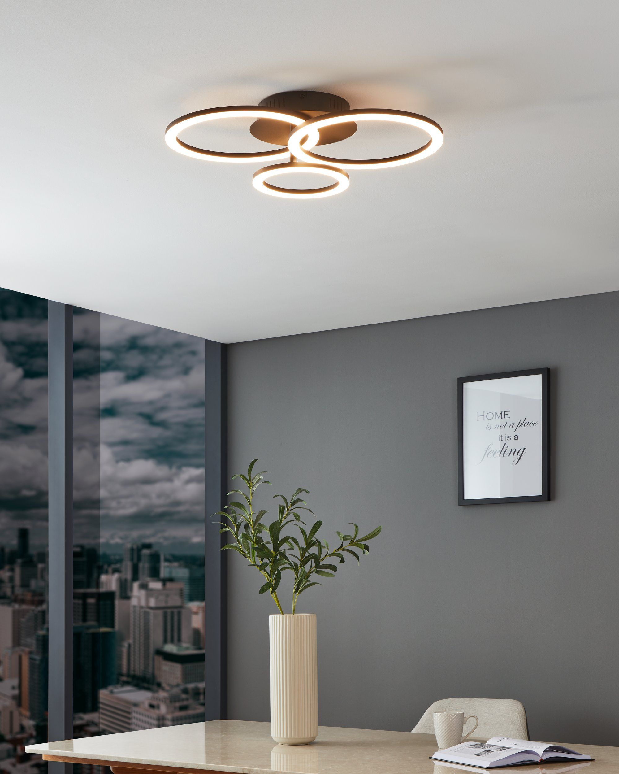 Una lampada da soffitto con tre luci circolari. Un vaso con vegetazione e una cornice sono visibili.