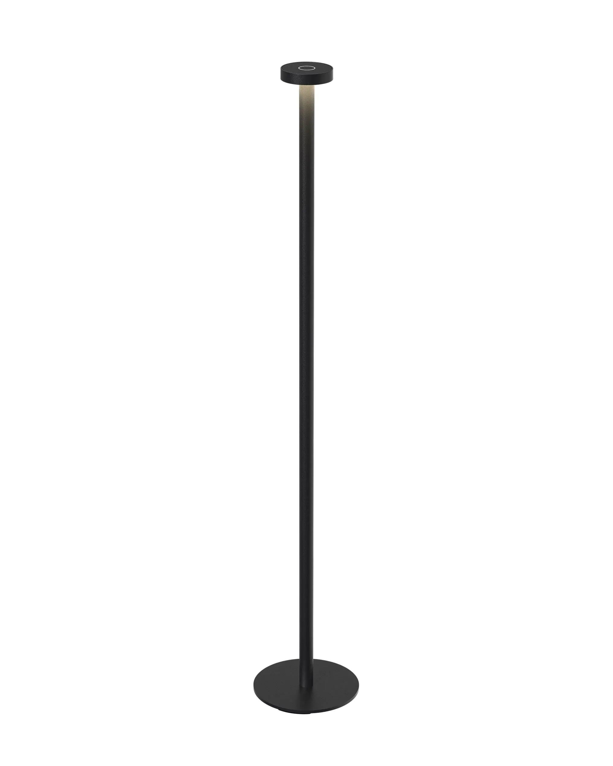 Lampada da terra nera con base e parte superiore circolari, che emette luce soffusa. Sfondo bianco.