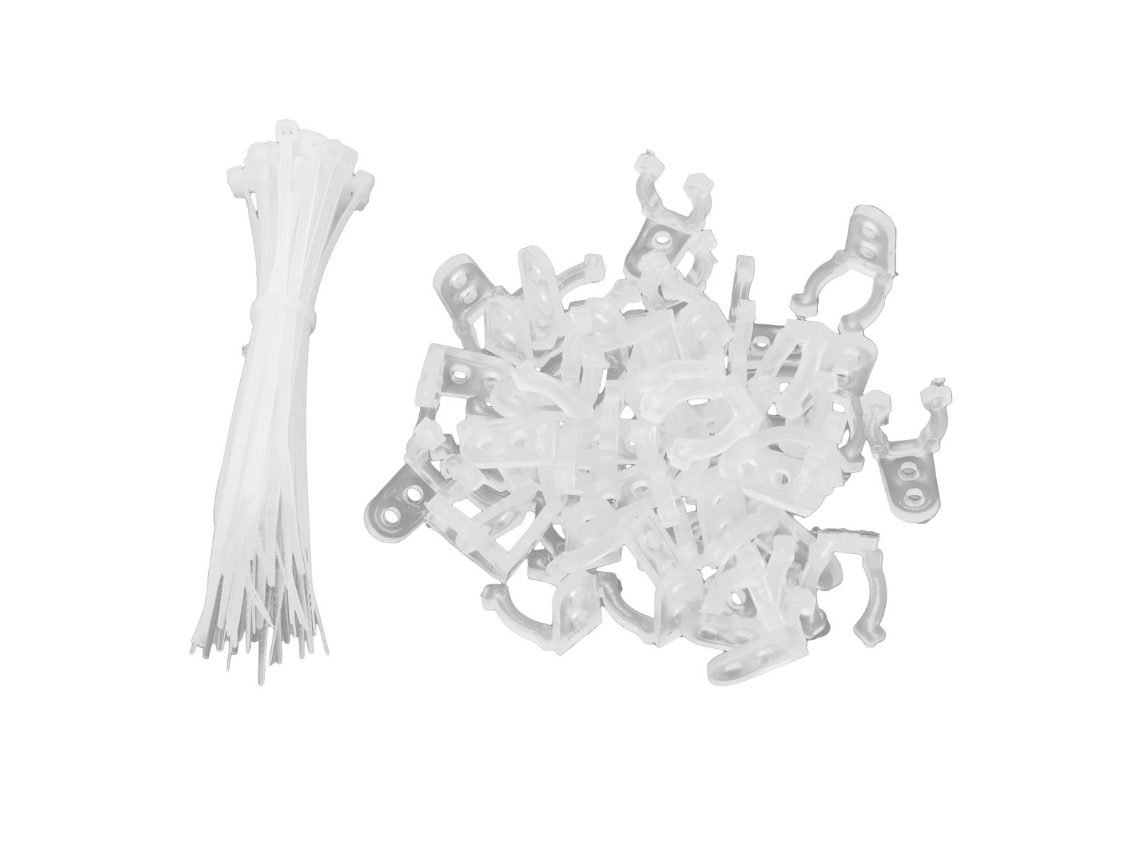 Bridas blancas y clips de plástico transparente. Para la gestión de cables.