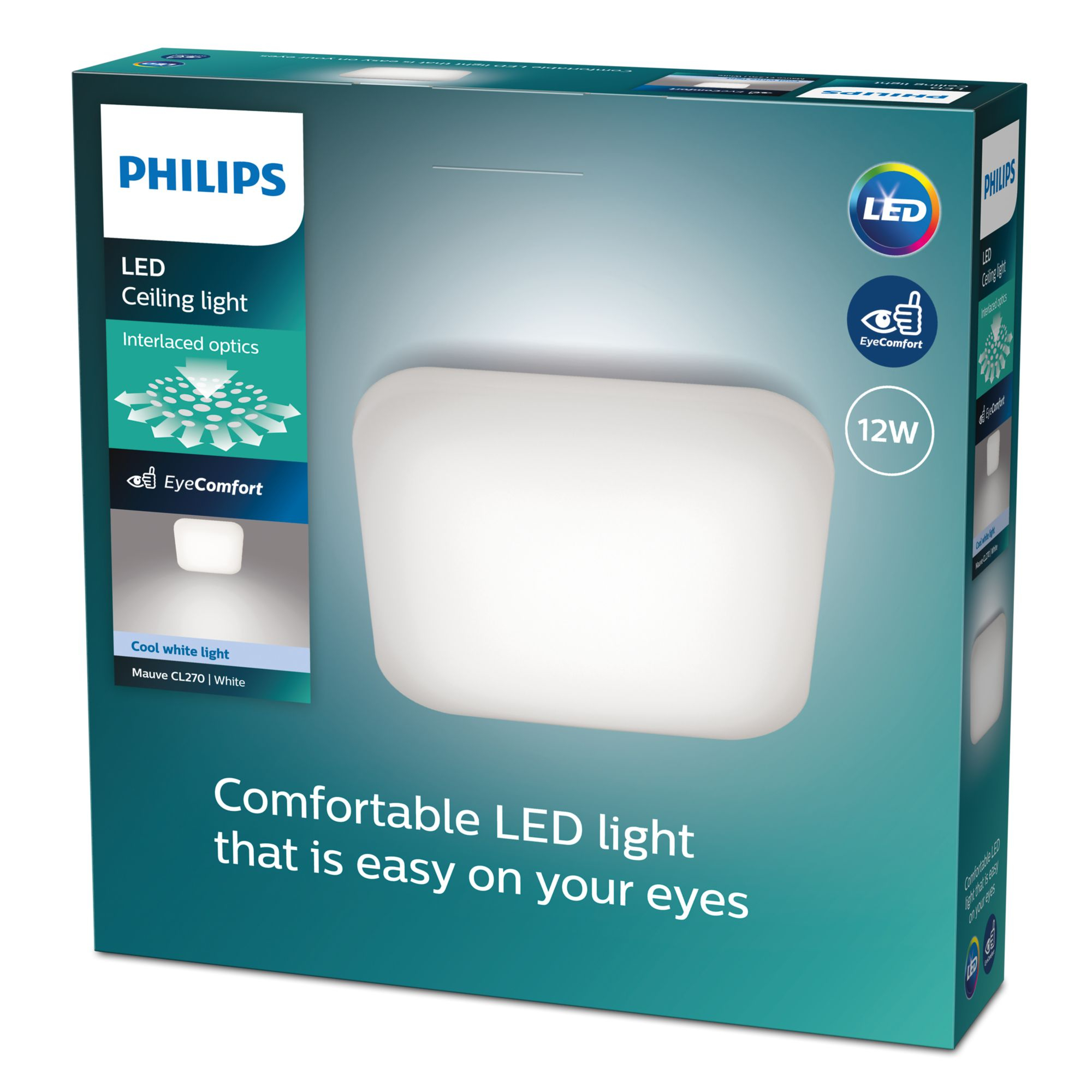 Una scatola luminosa a LED quadrata con testo e immagini.