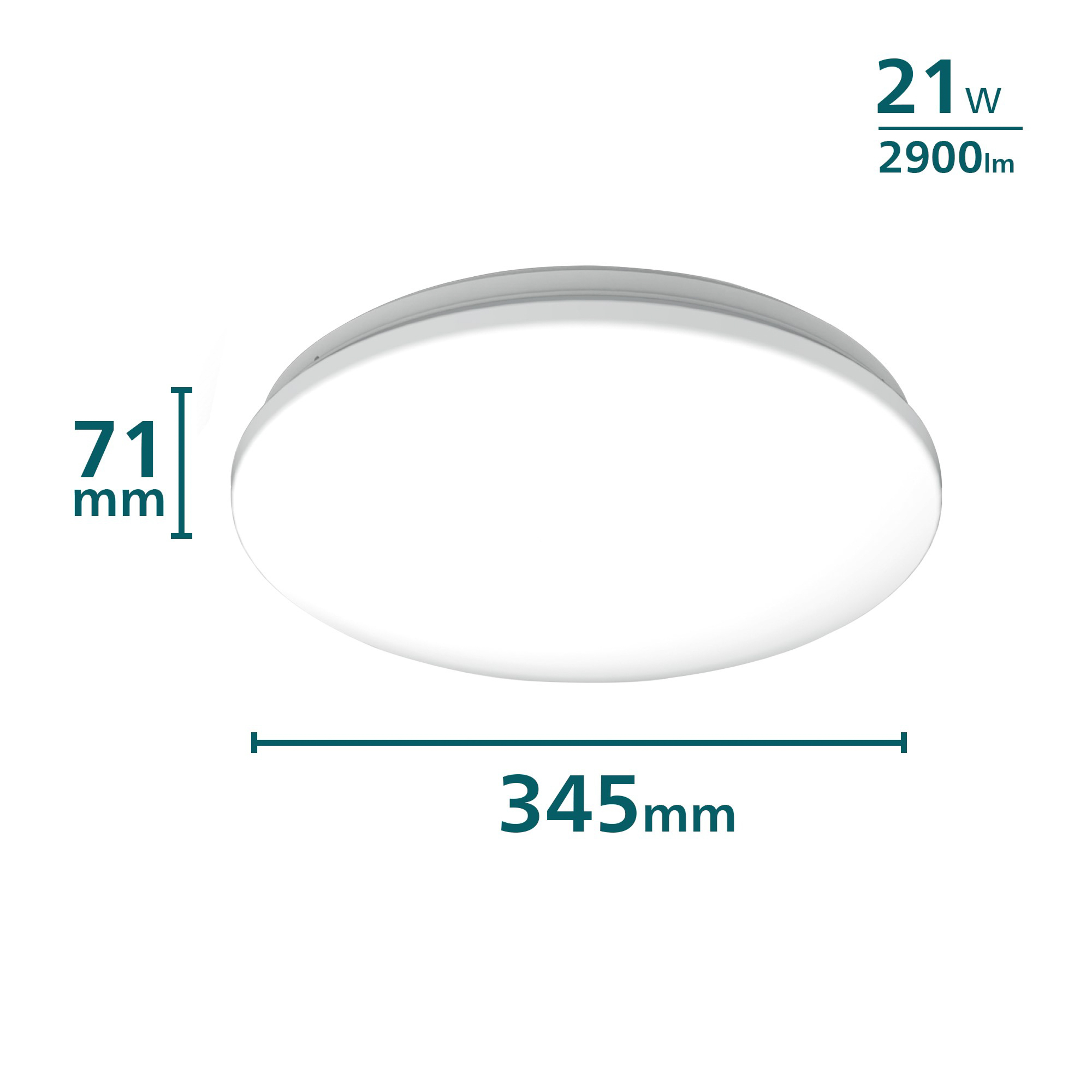 Plafoniera circolare con dimensioni: 345 mm di larghezza, 71 mm di altezza, etichettata 21W e 2900lm.