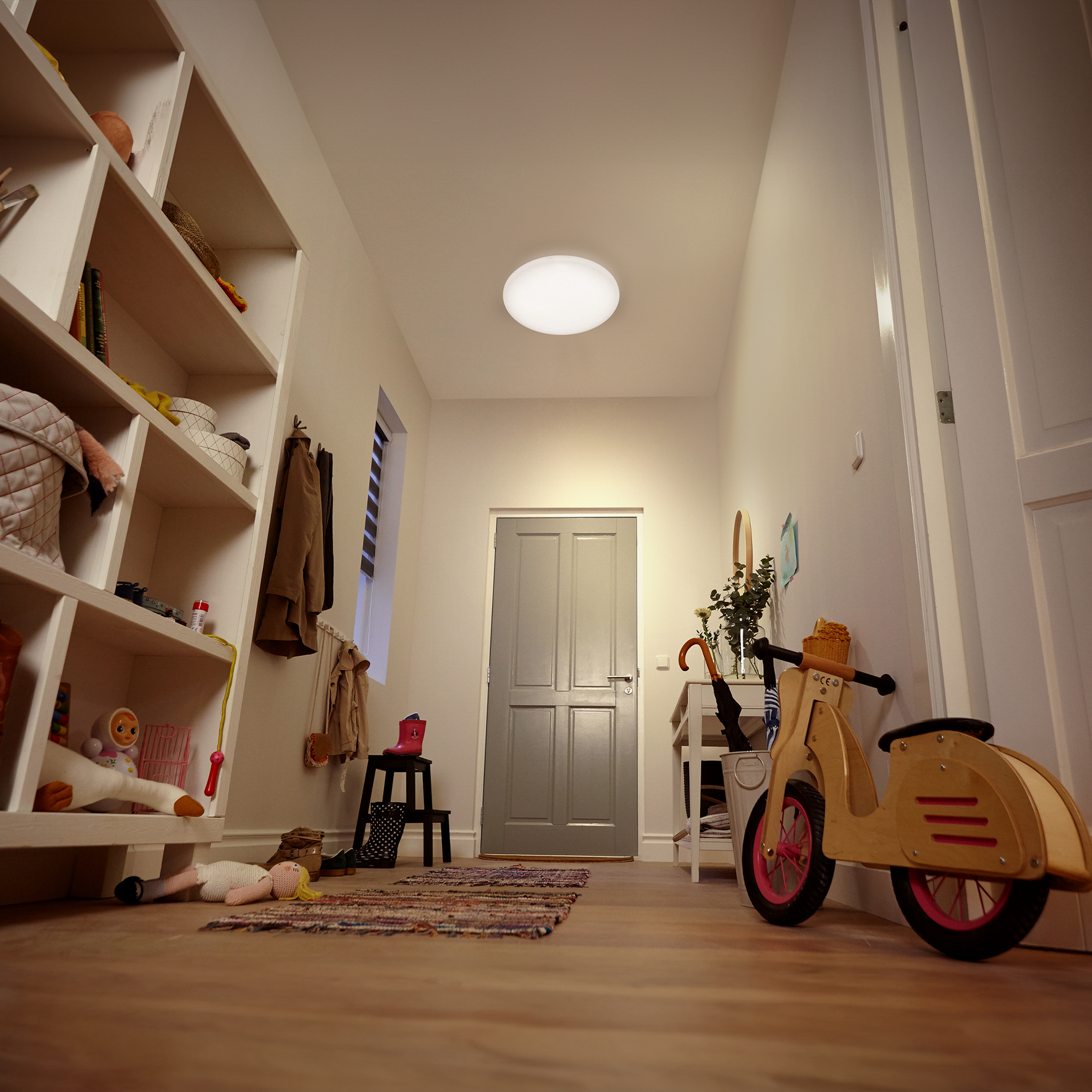 Corridoio con pavimento in legno, mensole aperte, una porta e un apparecchio di illuminazione a soffitto.