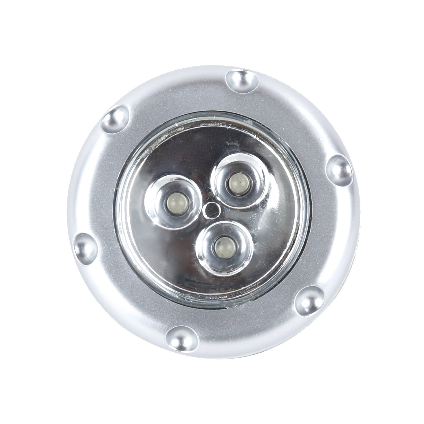 Luce LED argentata con tre lampadine e superficie circolare lucida su sfondo bianco.