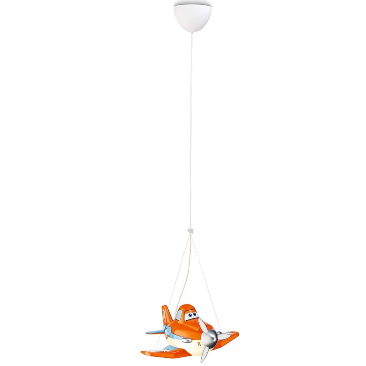 Una lampada a sospensione aereo dei cartoni animati, con un corpo arancione, appesa a un elemento a soffitto bianco.