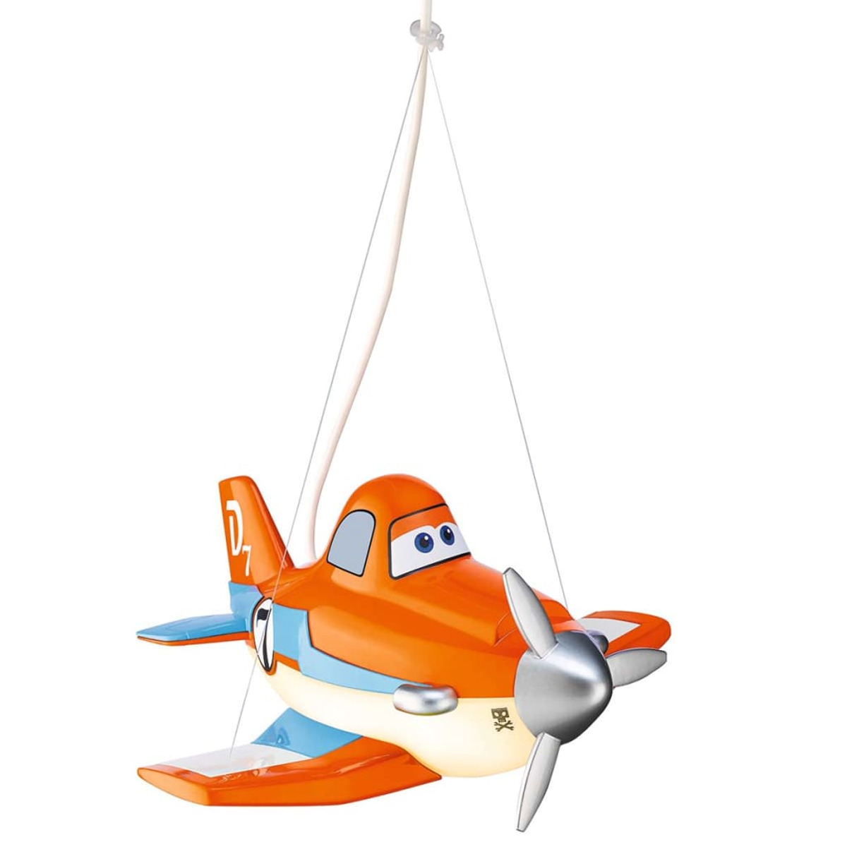 Lampada a sospensione a forma di aereo arancione con dettagli blu. Sfondo bianco.