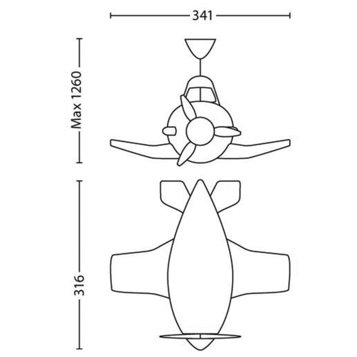 Disegno tecnico di un ventilatore da soffitto a forma di aeroplano. Le dimensioni sono indicate in millimetri.