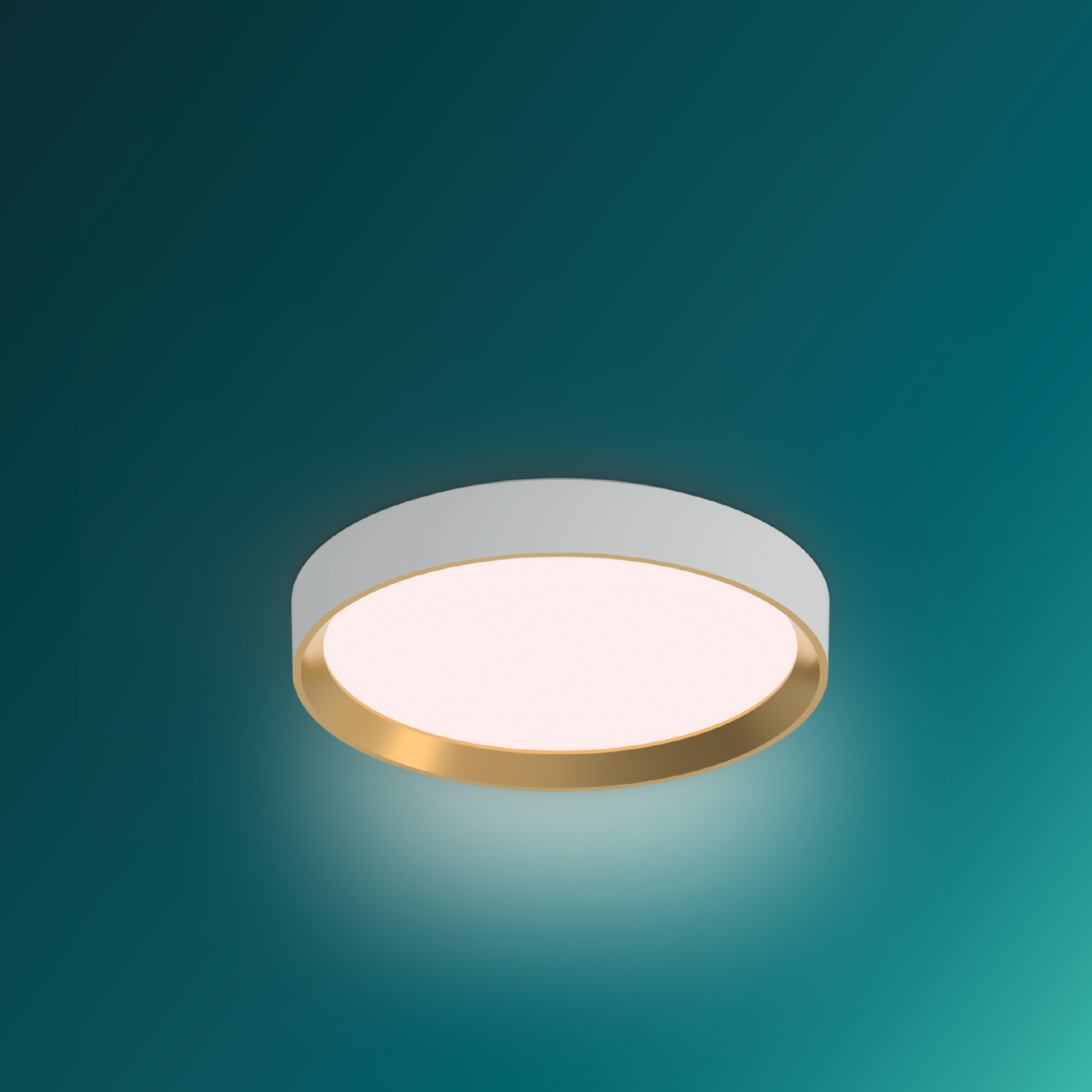 Una plafoniera rotonda con bordo bianco e oro, che illumina su uno sfondo color verde acqua.