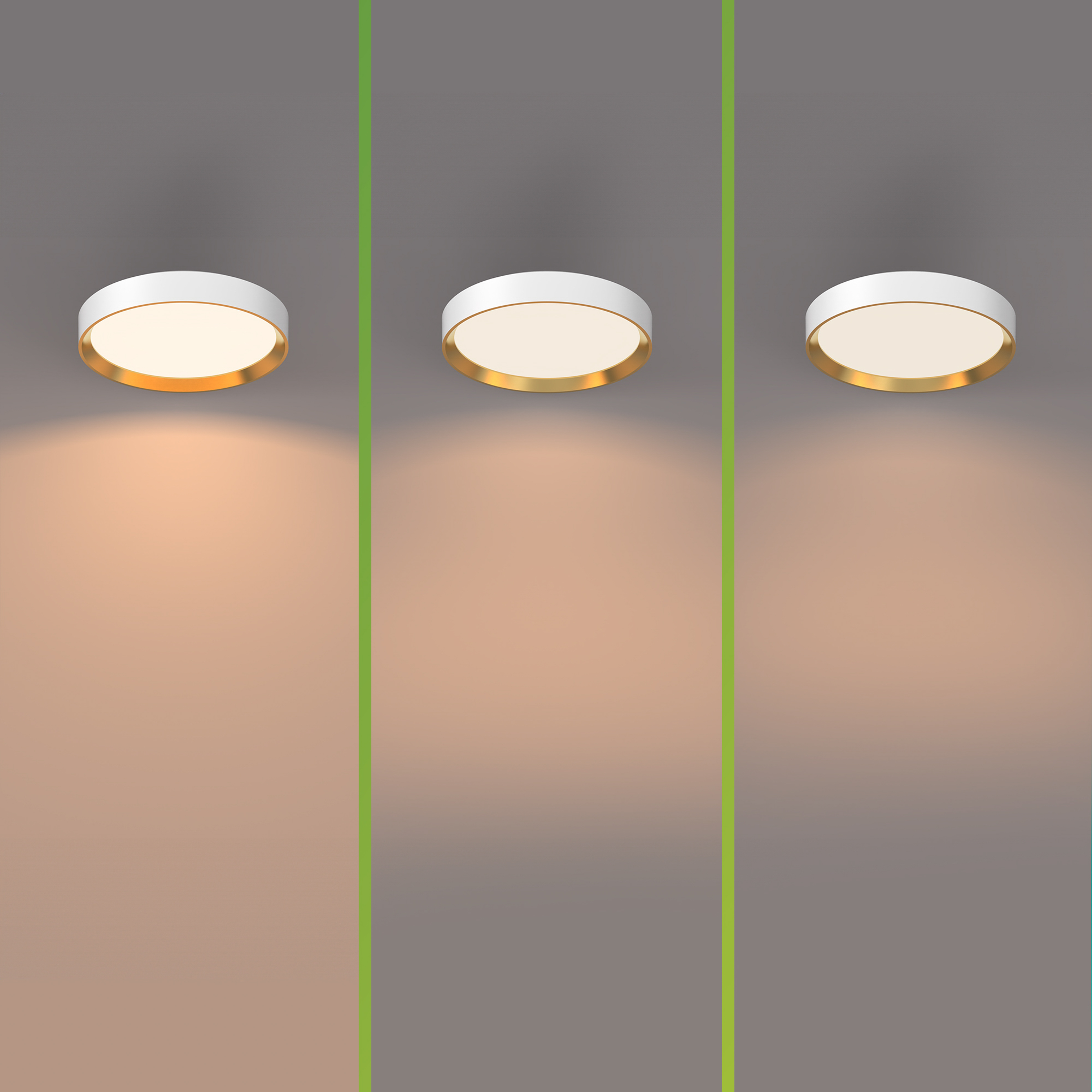Tre lampade da soffitto con corpo bianco e bordo dorato. Ogni luce brilla su una diversa tonalità di marrone.