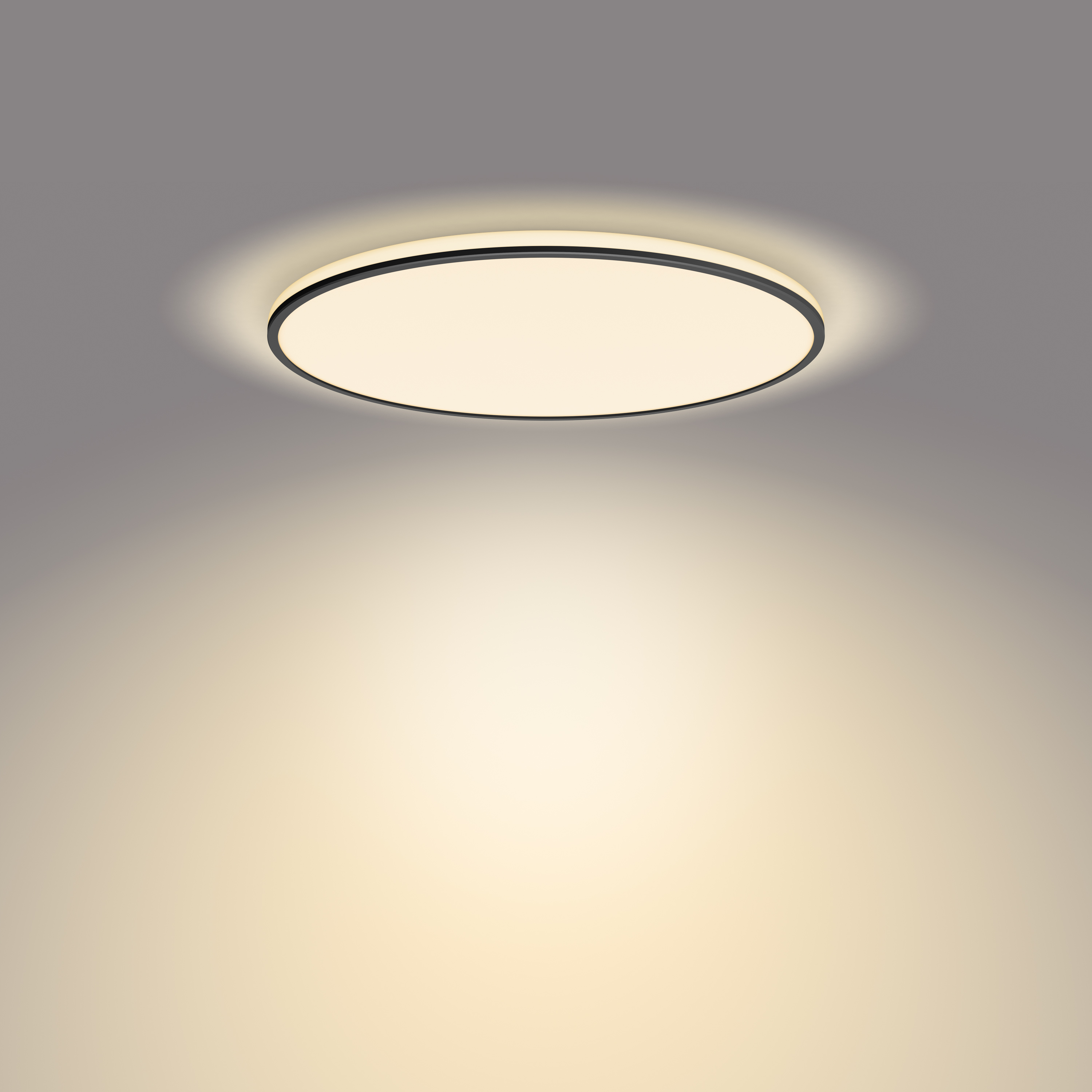 Una lampada da soffitto rotonda con corpo bianco e bordo nero. Sta illuminando uno sfondo marrone.