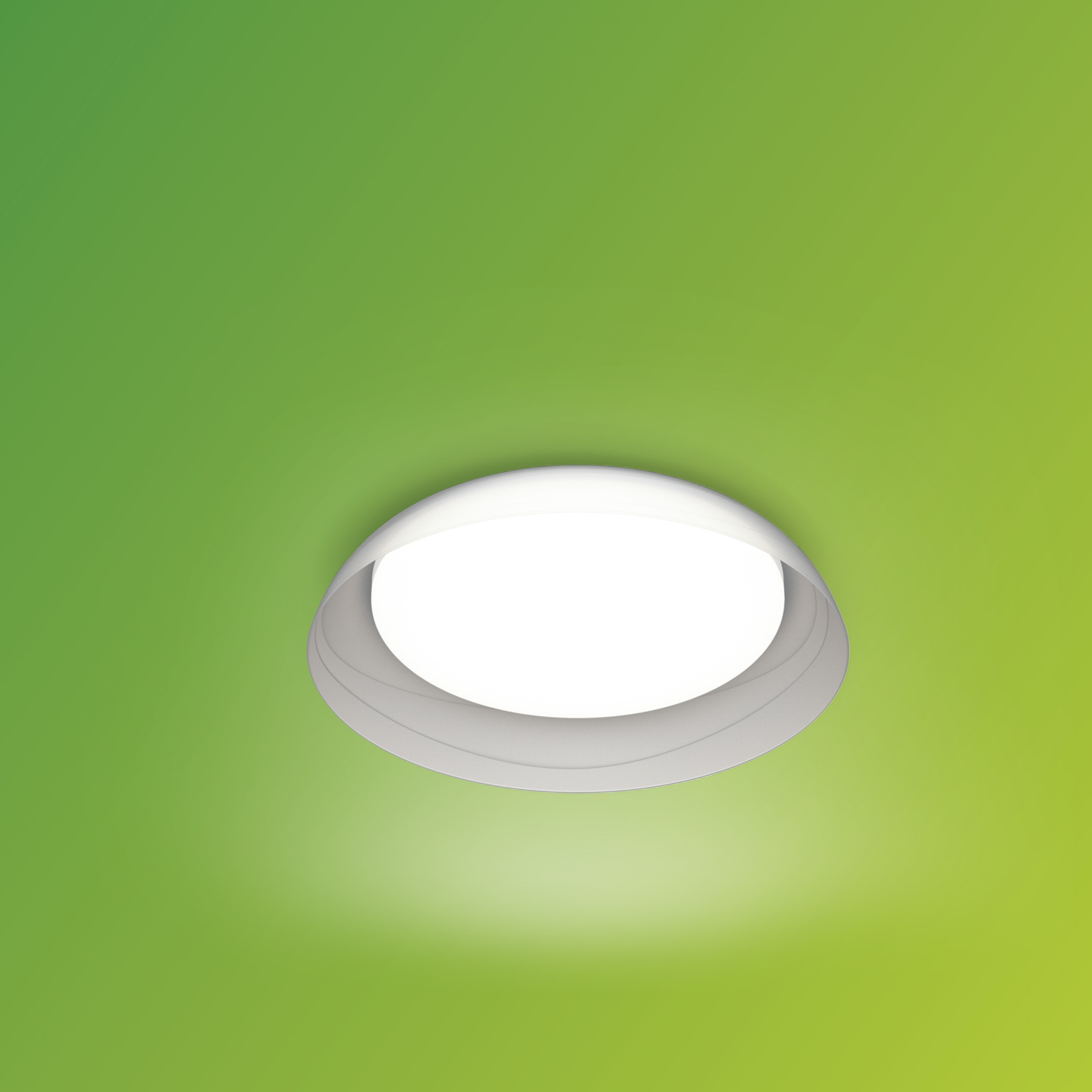 Una plafoniera bianca con un design curvo e uno sfondo sfumato verde e giallo.