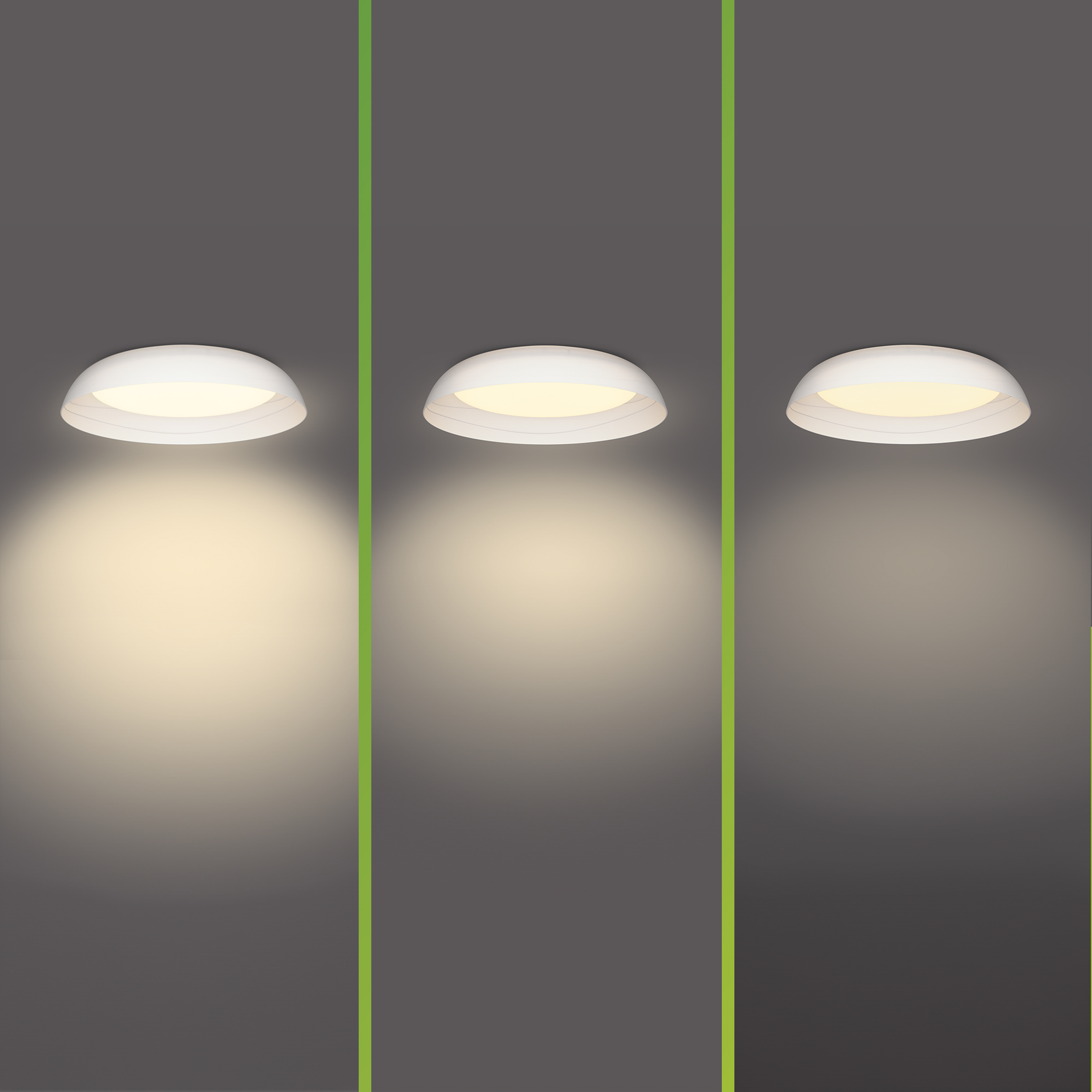 Tre plafoniere identiche, ciascuna emette diverse intensità di luce, su uno sfondo grigio scuro.