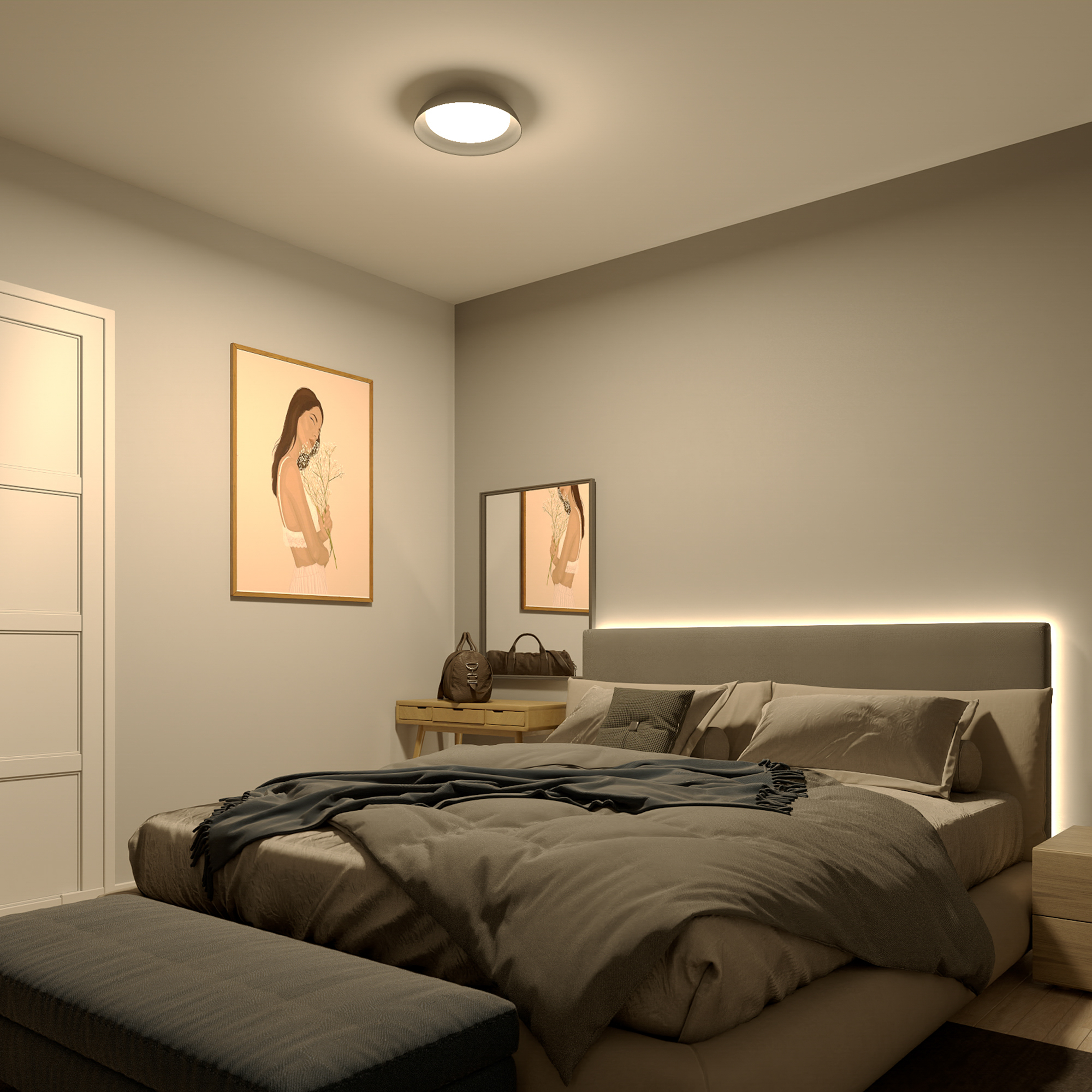 Una scena di camera da letto con una plafoniera, un letto, opere d'arte e mobili, il tutto in una luce calda.
