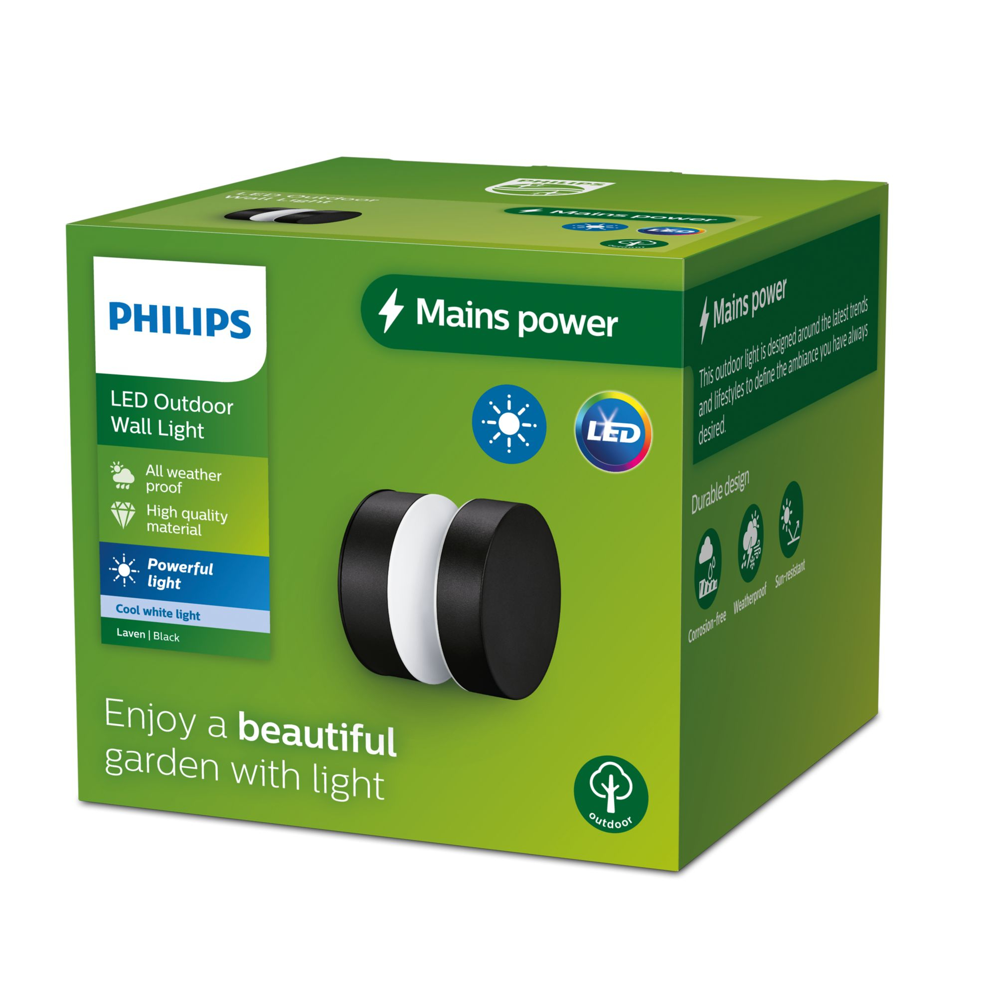 Verpackte Philips LED-Außenwandleuchte. Grüne Box mit Produktdetails.