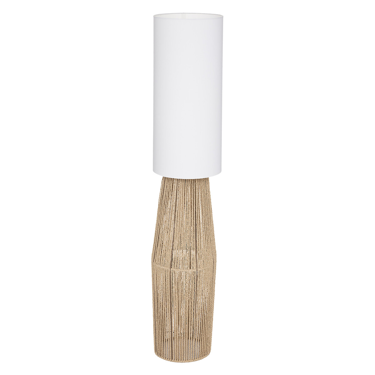 Lampada da terra alta con paralume bianco e base avvolta in corda beige. Design moderno.