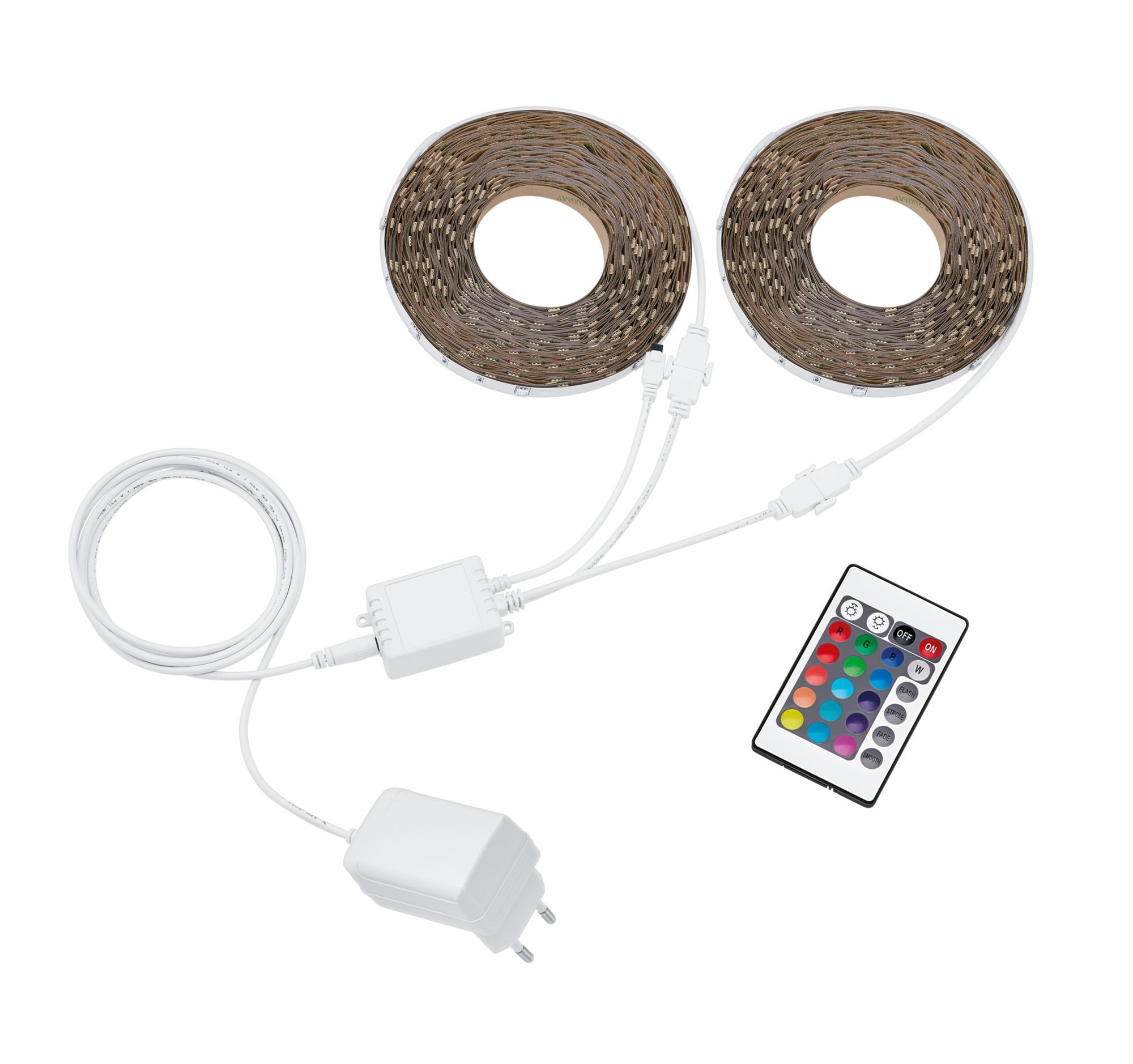 Due rotoli di strisce luminose a LED con una centralina, un adattatore di alimentazione e un telecomando.