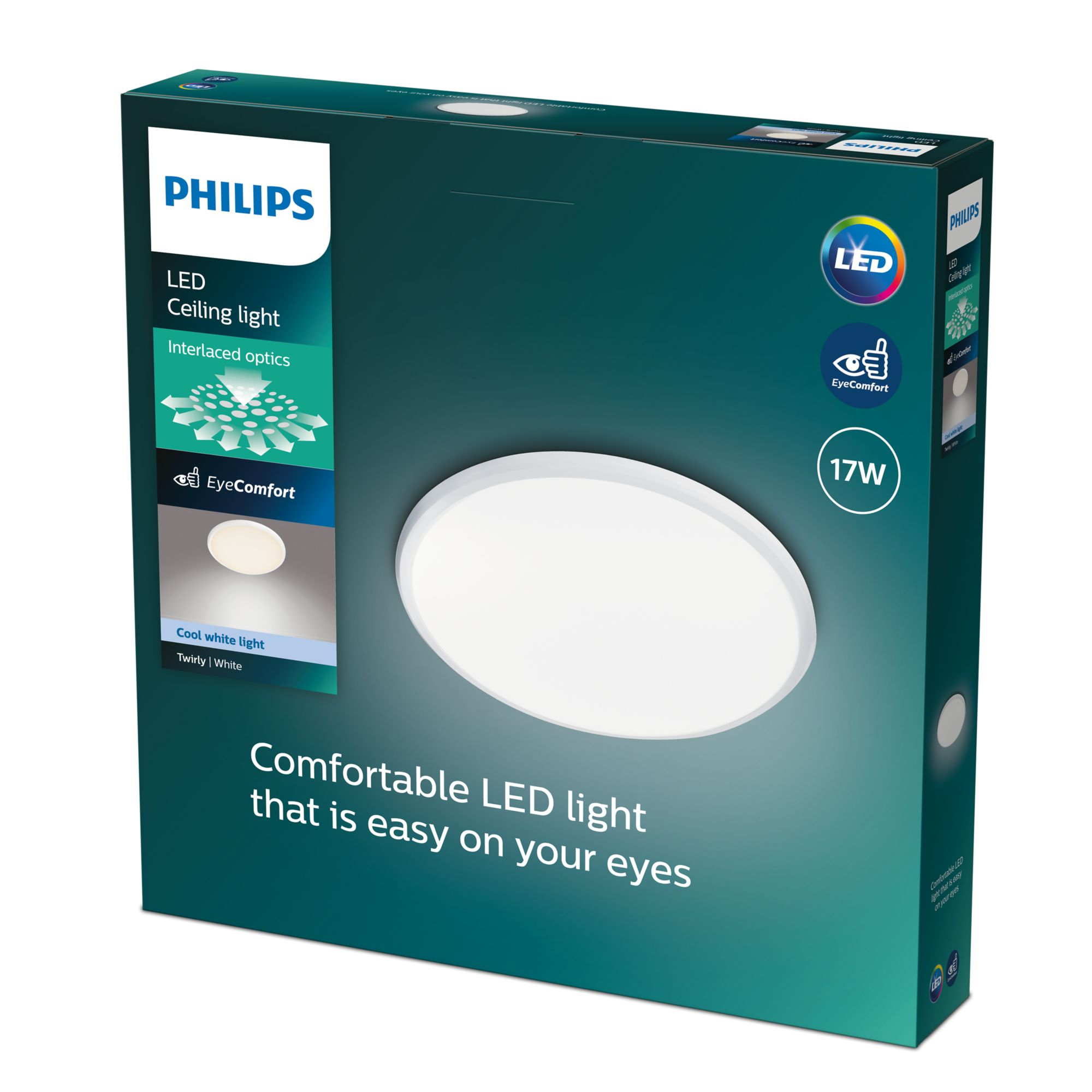 Une boîte avec le plafonnier LED Philips. La boîte contient les détails du produit.
