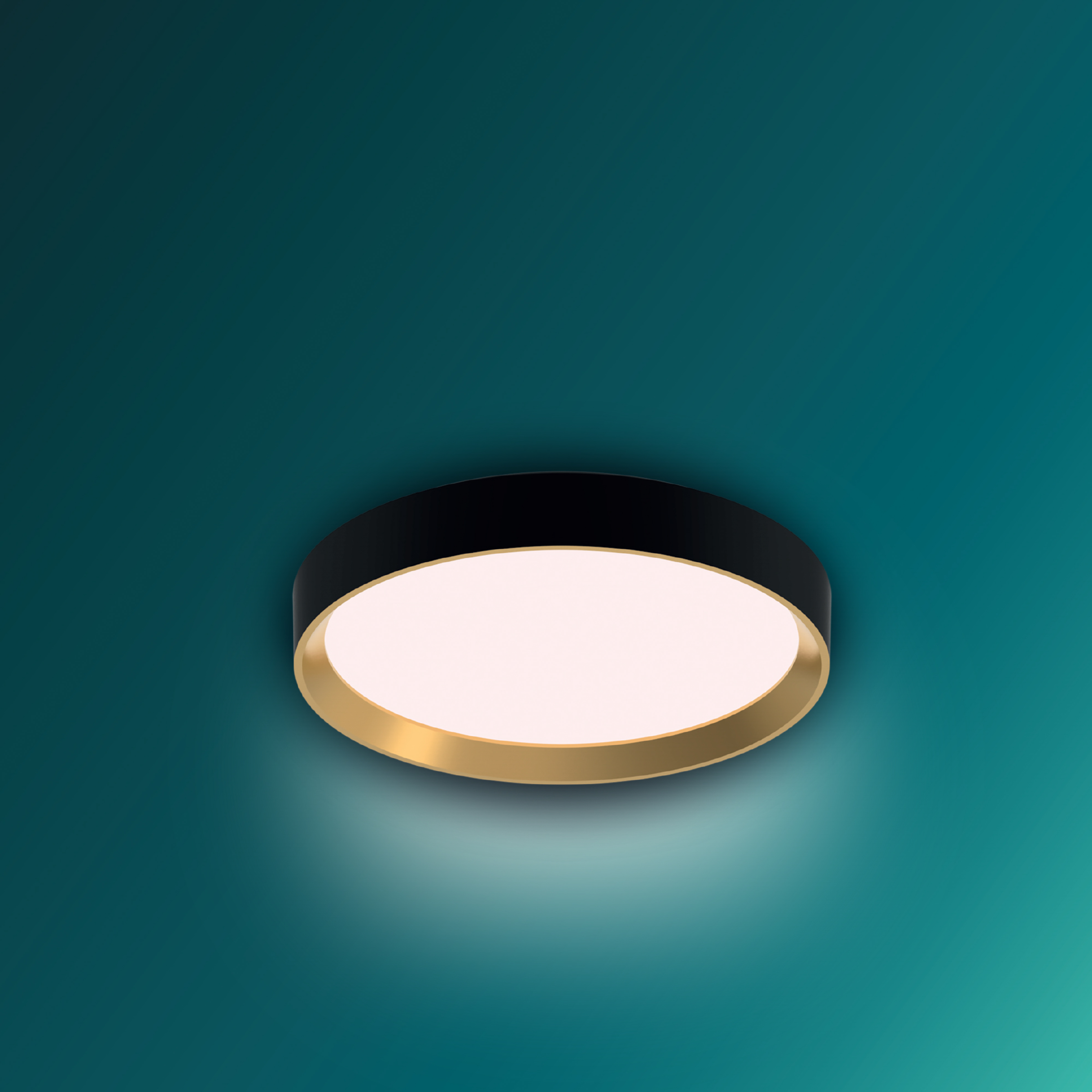 Lampada da soffitto circolare nera e oro, luce interna bianca.