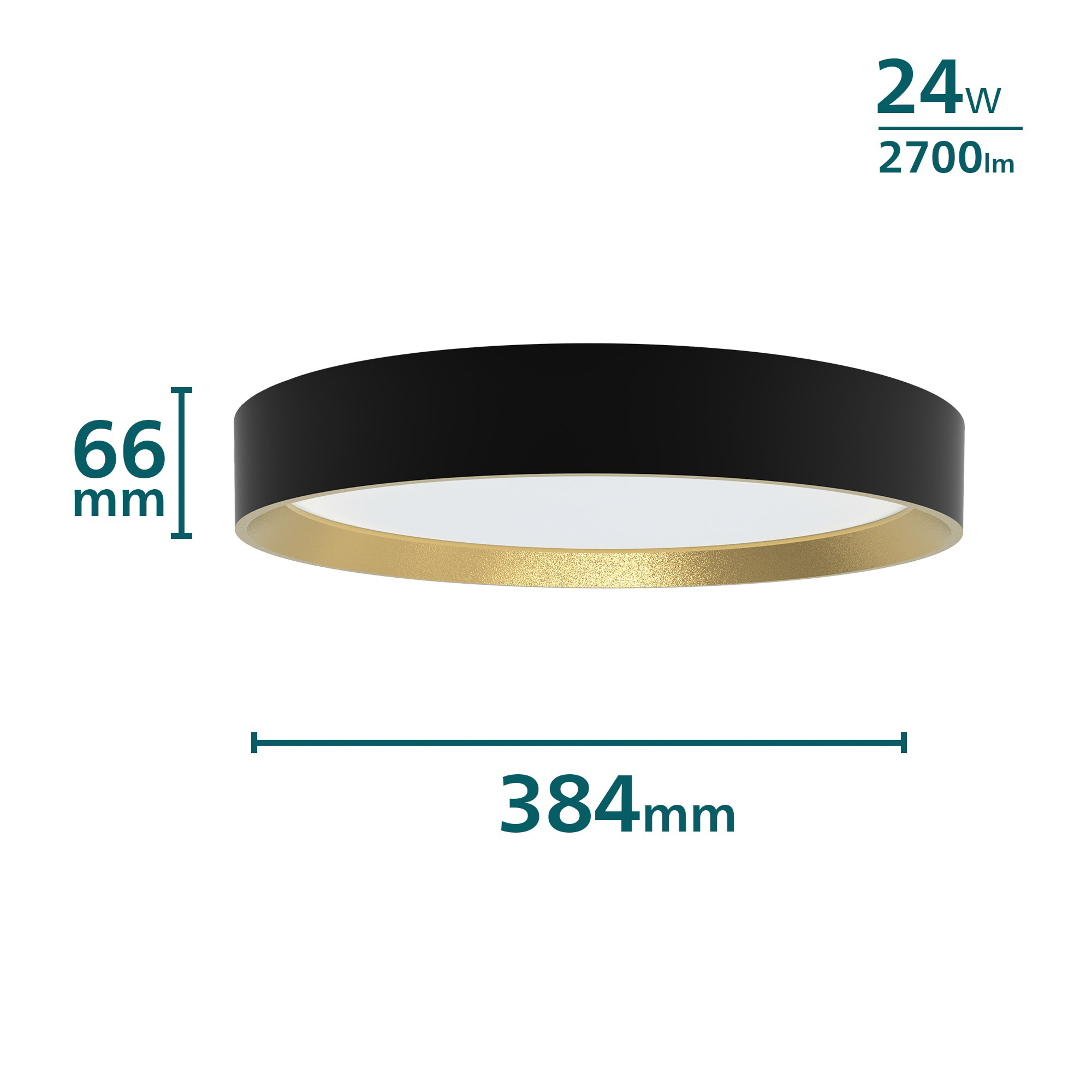 Plafoniera nera e oro con misure. 24W 2700lm. 384mm di larghezza, 66mm di altezza.