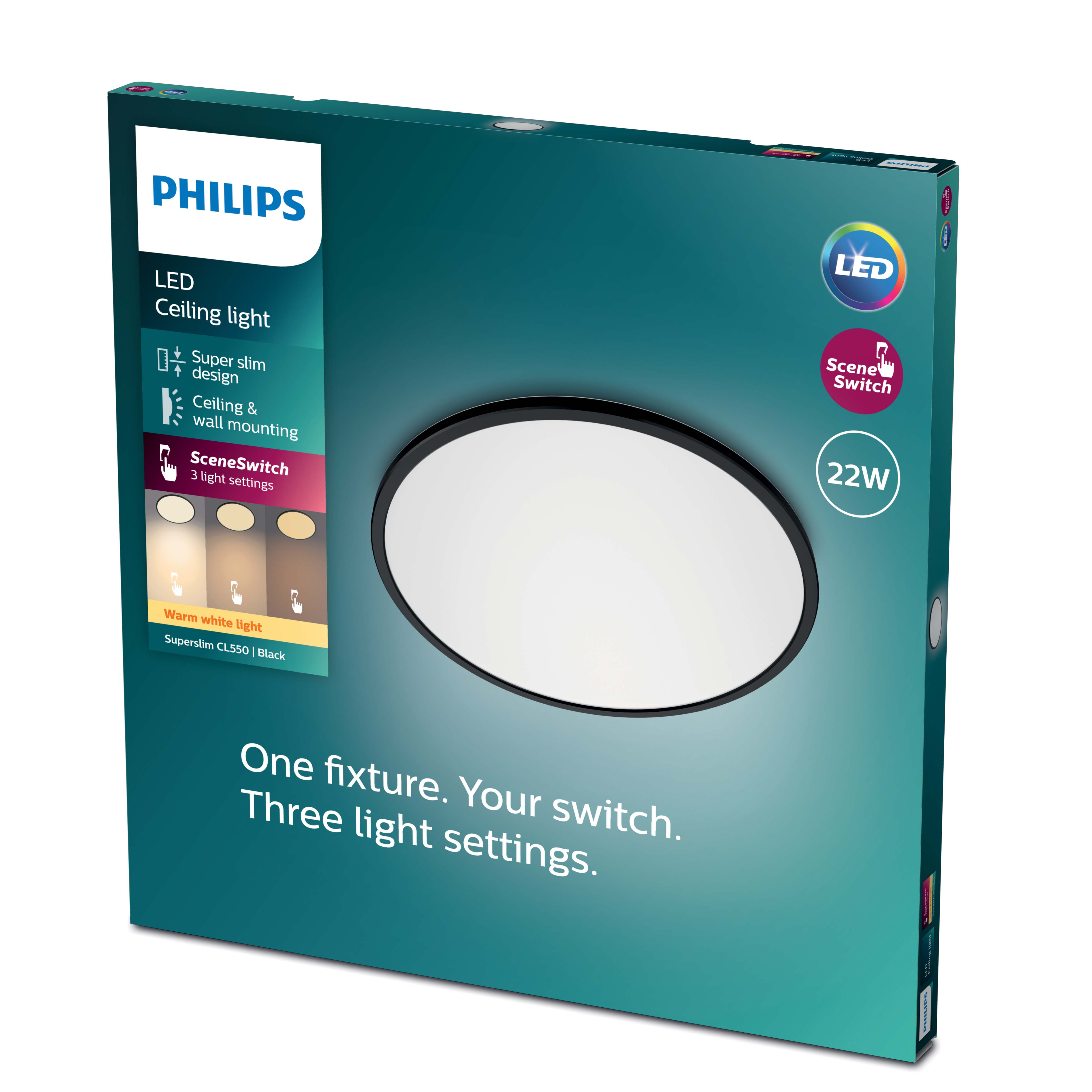 Scatola plafoniera LED Philips. Verde e bianco con dettagli e 22W di potenza.