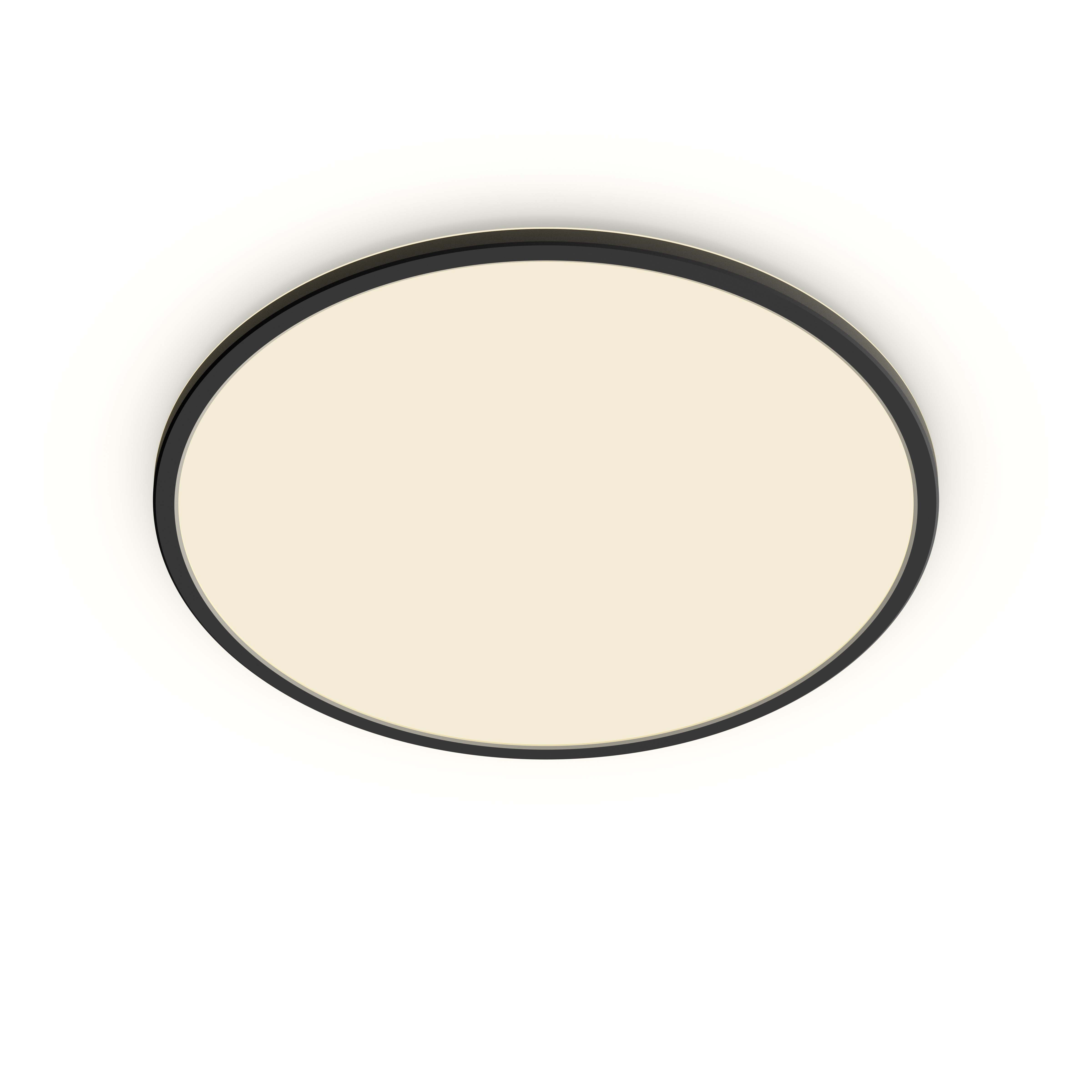 Una plafoniera con centro beige e cornice circolare nera, vista dal basso.