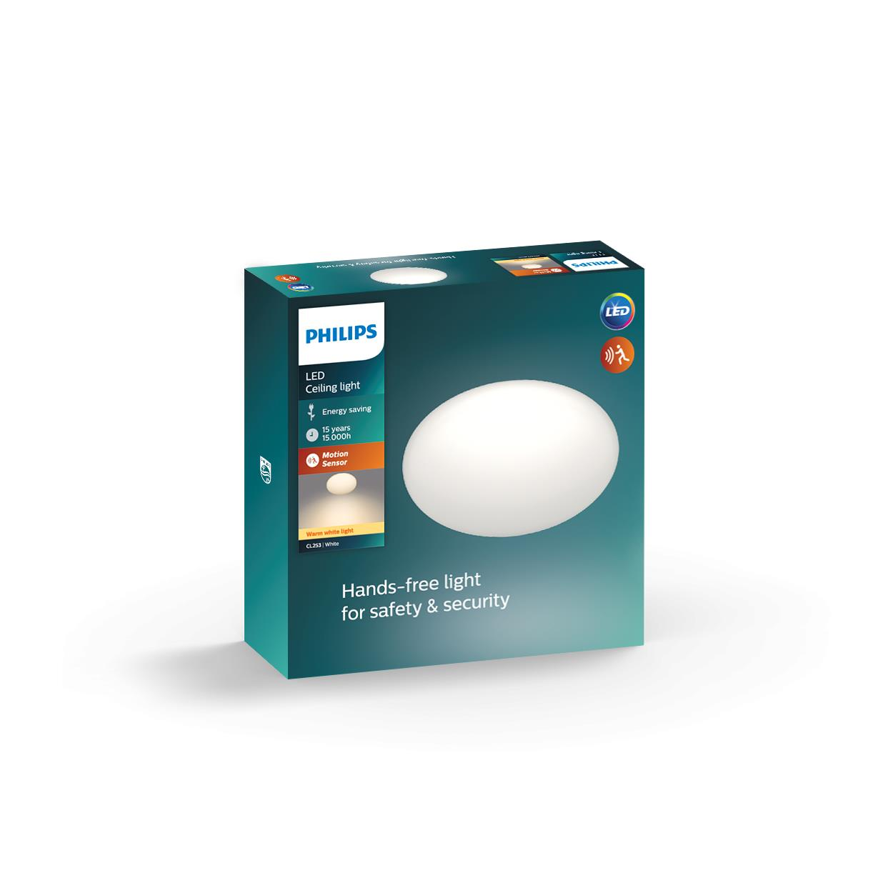 Box mit Philips LED-Deckenleuchte. Sie hat weißes Licht und einen Bewegungssensor.