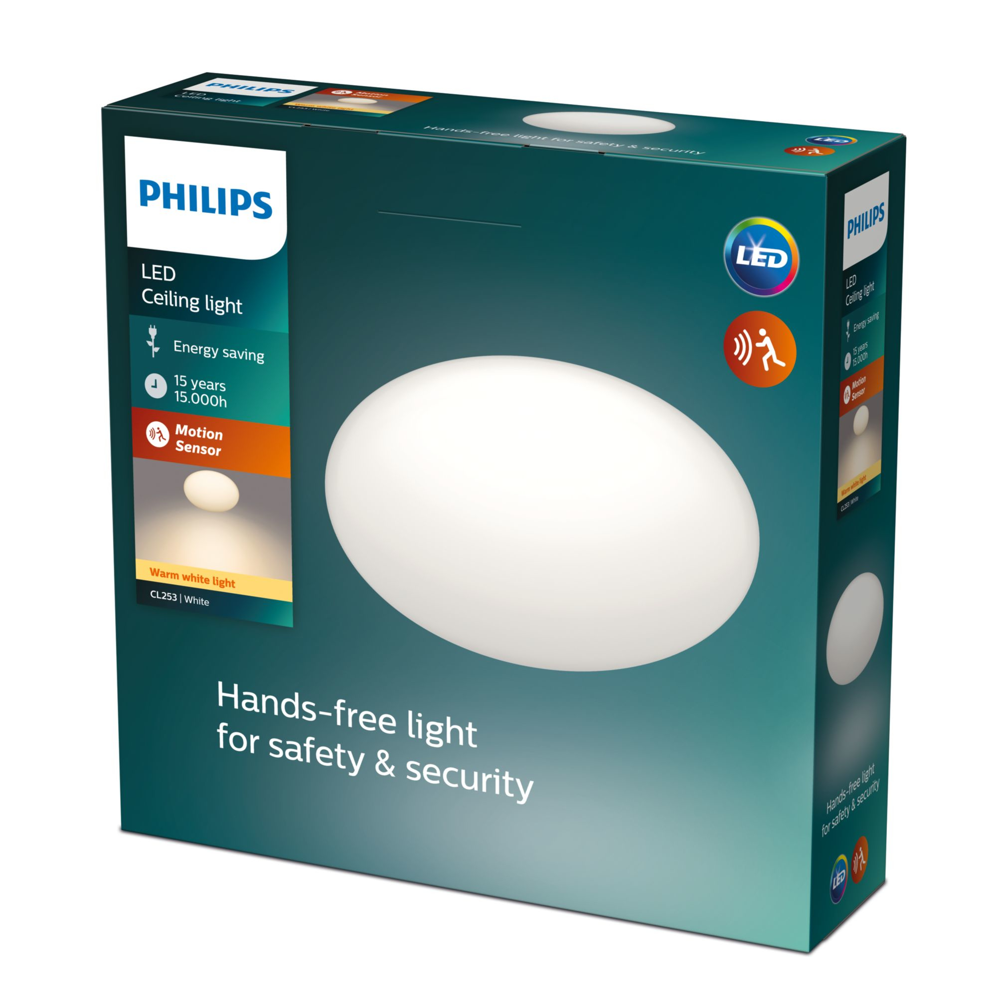 Box mit Philips LED Deckenleuchte. Mit Bewegungssensor. Weißes ovales Licht auf der Box.