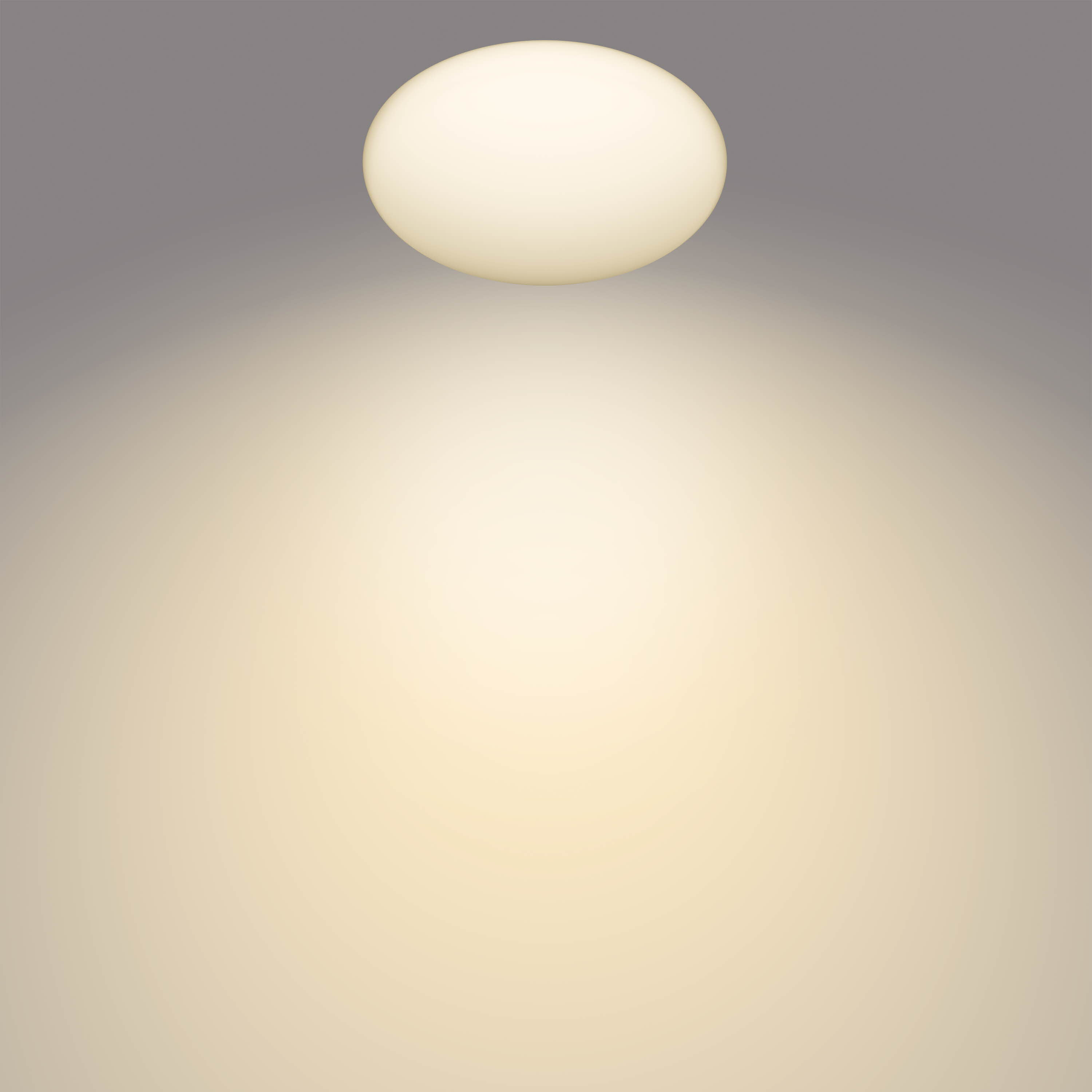 Eine einfache Pendelleuchte: eine weiße Kugel, die warmes Licht vor einem grau-gelben Farbverlauf aussendet.
