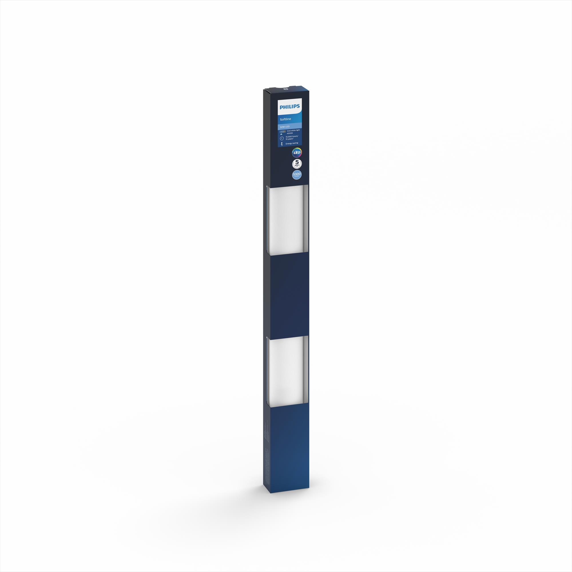 Lange, dunkelblaue rechteckige LED-Lampenverpackung. Sie ist hoch und hat ein schlichtes Design.