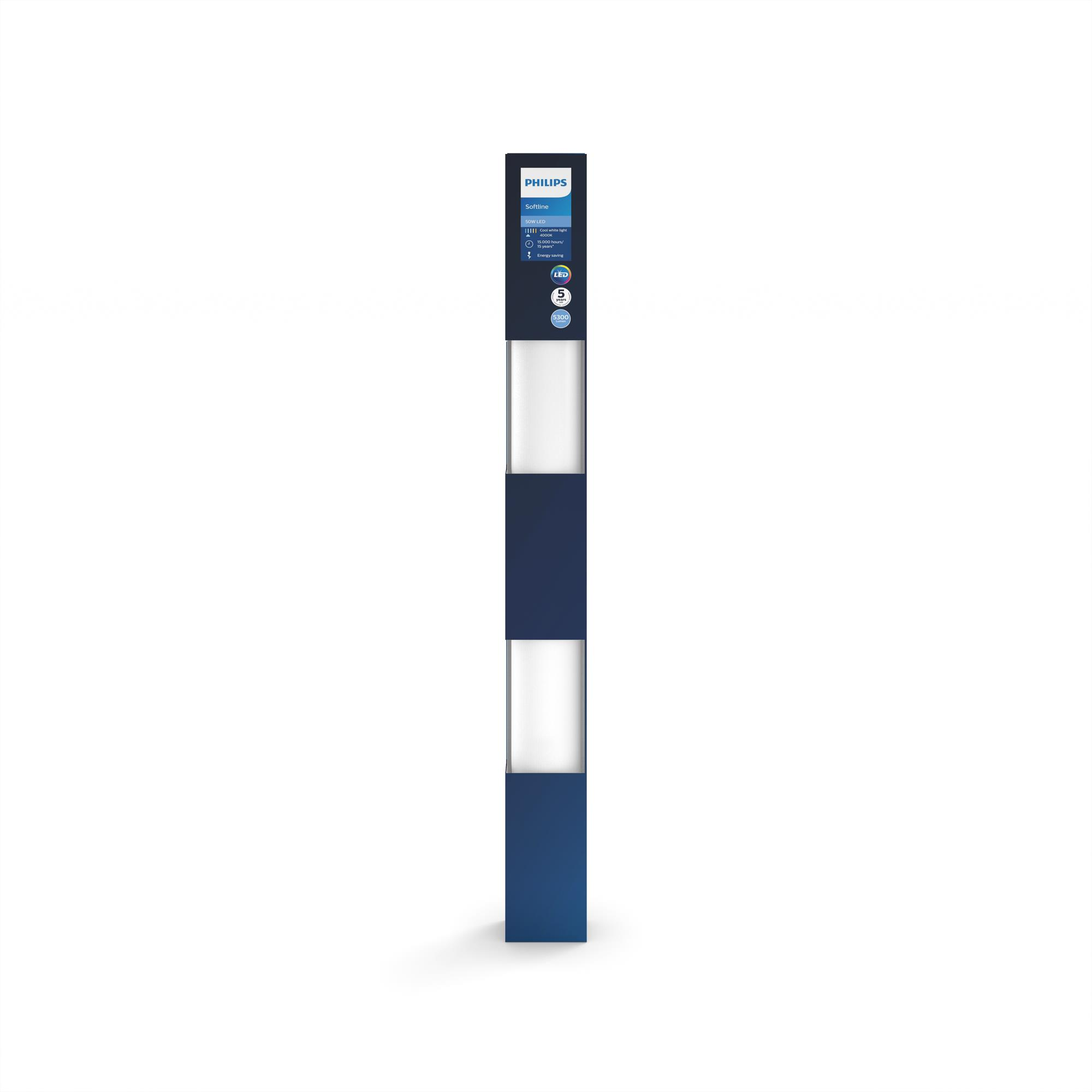 Eine hohe, dunkelblaue, Philips-Markenleuchte mit weißen Lichtabschnitten auf weißem Hintergrund.