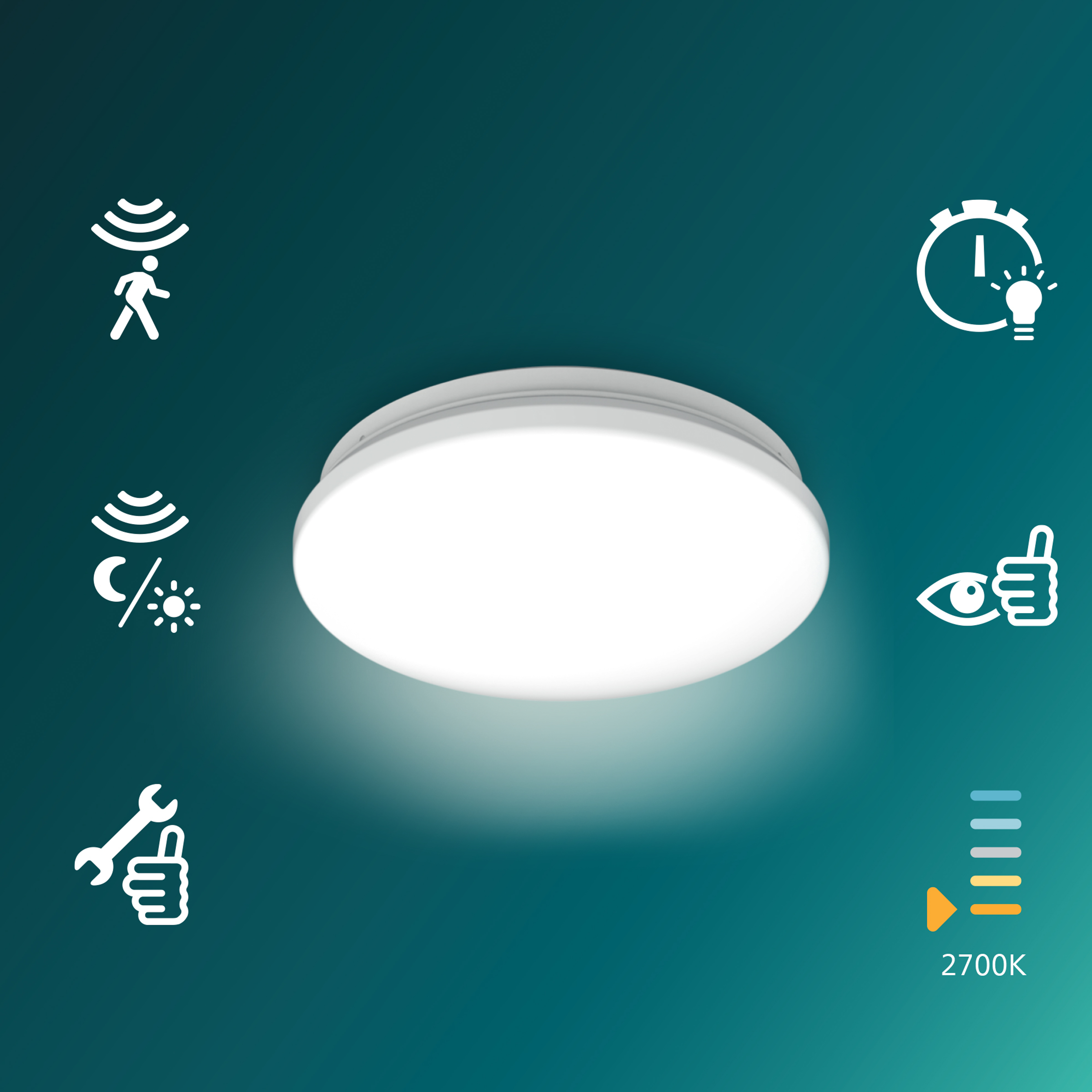 Plafoniera rotonda bianca che emette luce, circondata da icone che indicano le funzionalità.