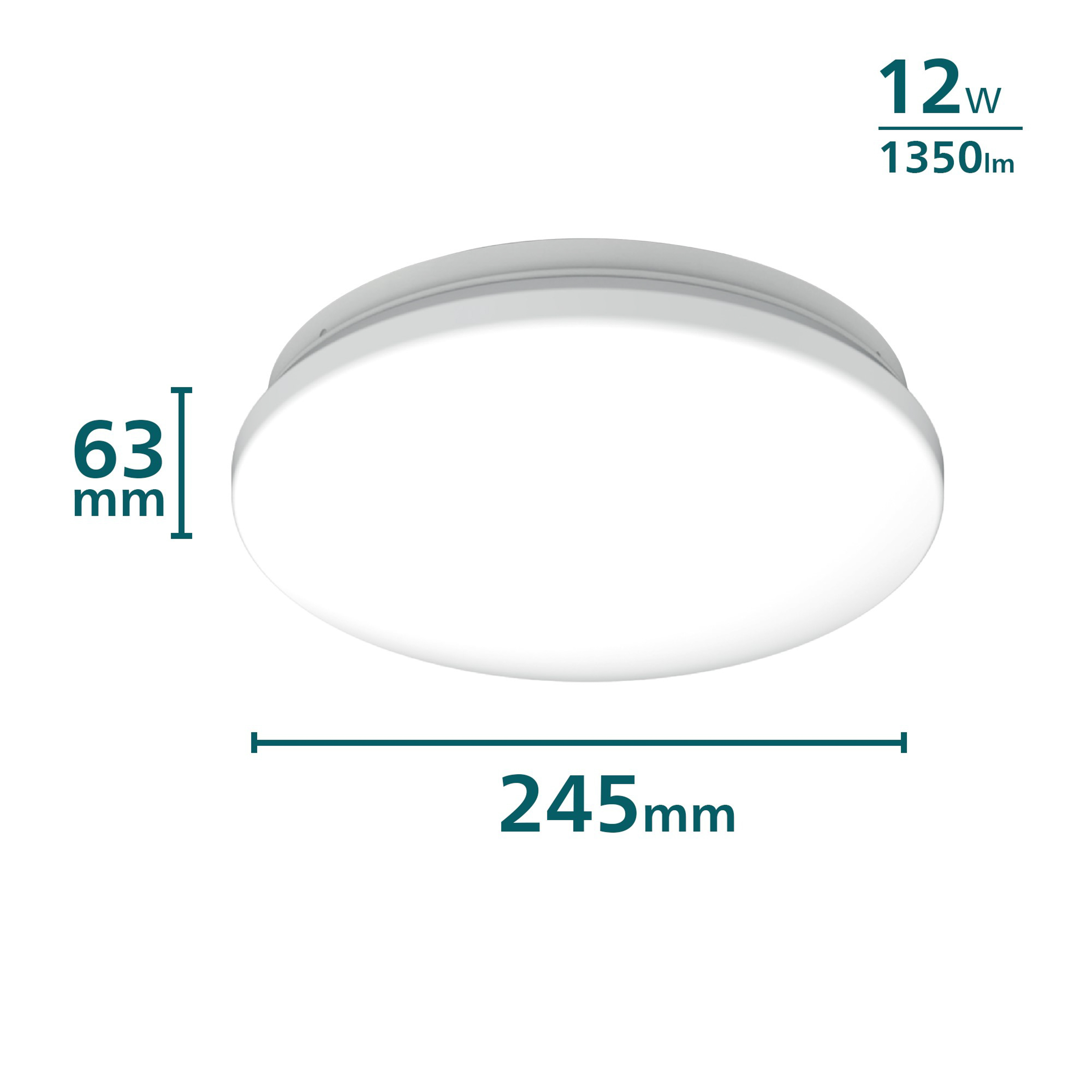 Apparecchio di illuminazione rotondo bianco, con dimensioni e informazioni sui watt.