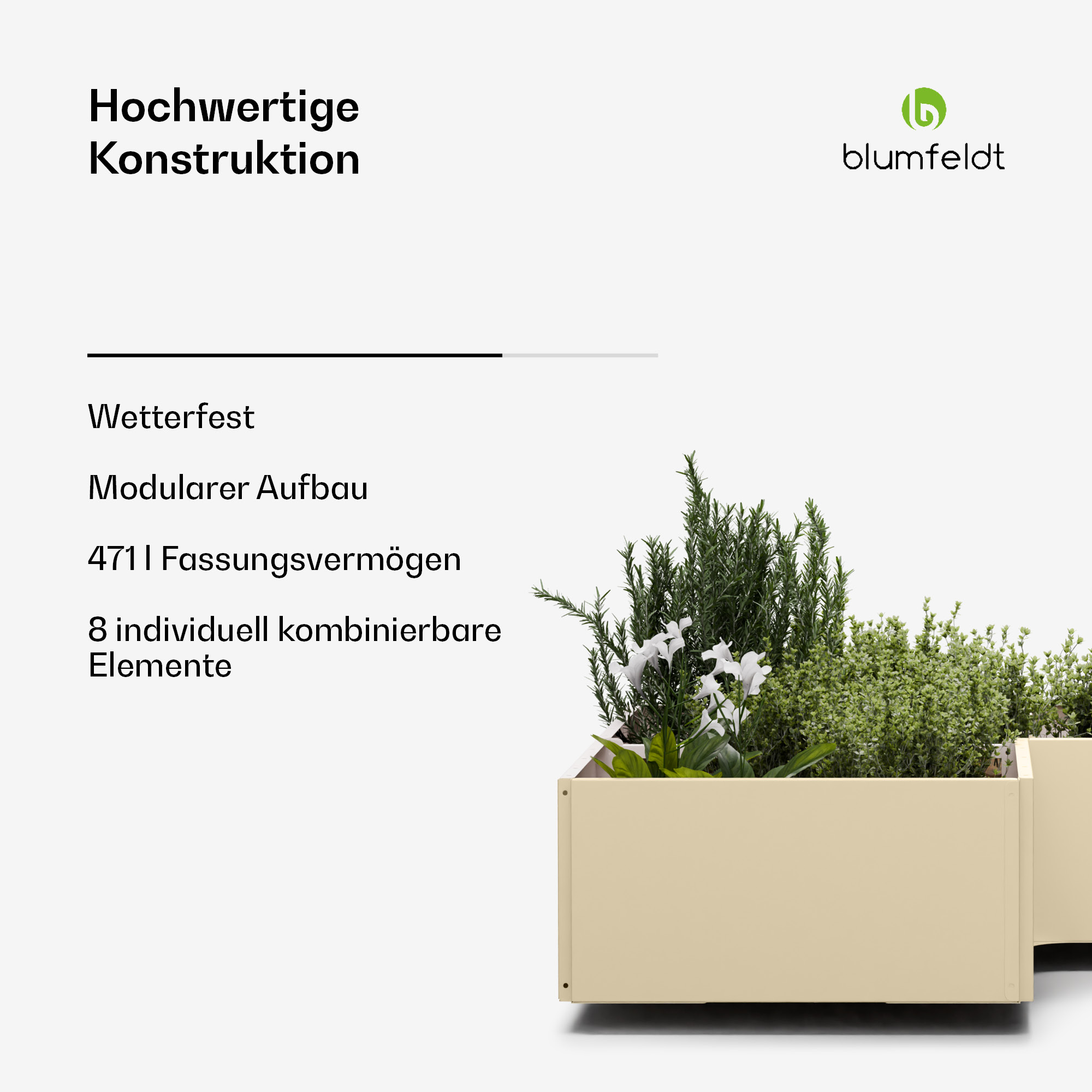 Pflanzkästen mit Pflanzen und Text. Der Text lautet 'Hochwertige Konstruktion' und weitere Details.