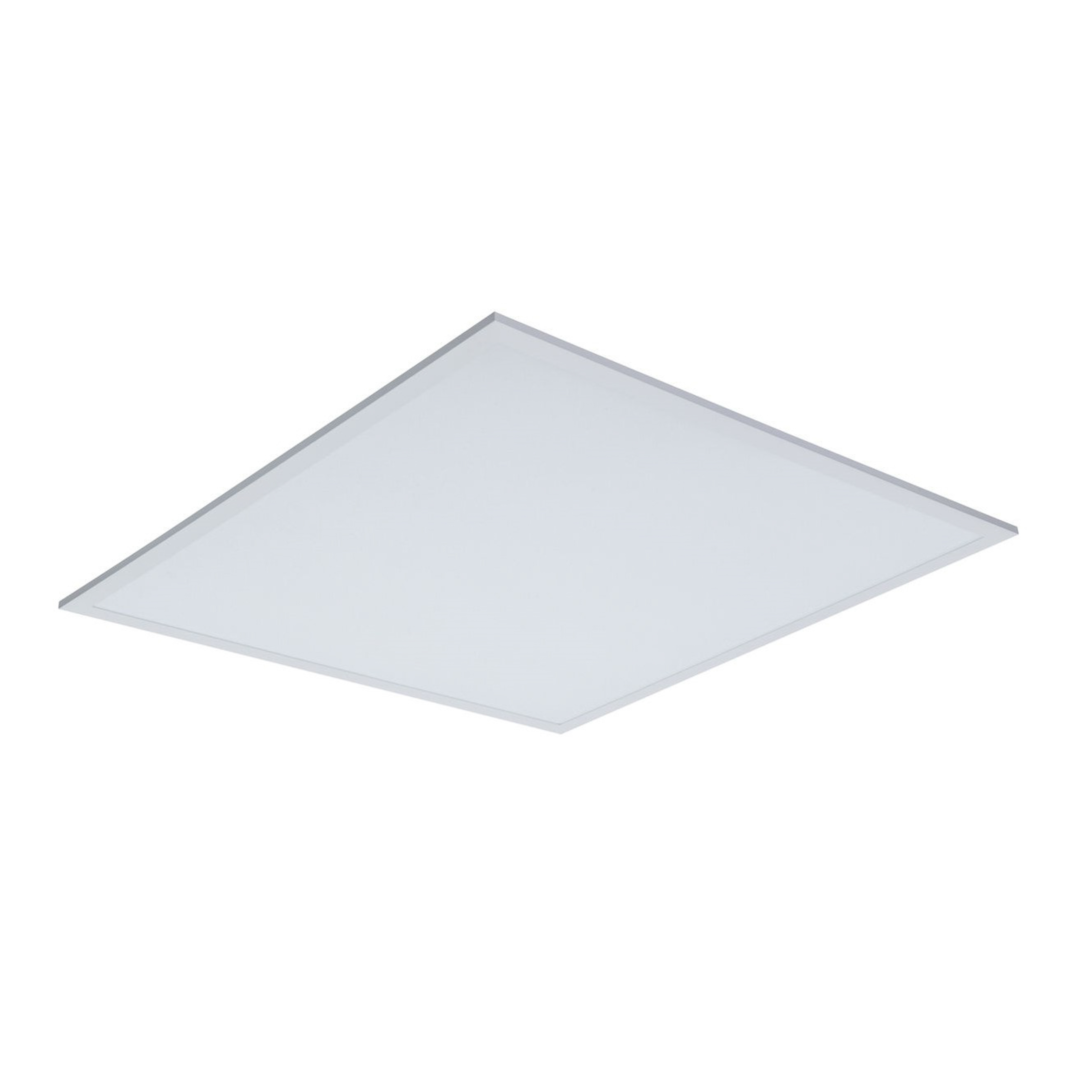 Weiße quadratische Leuchte mit dünnem Silberrahmen, schlichtes Design.