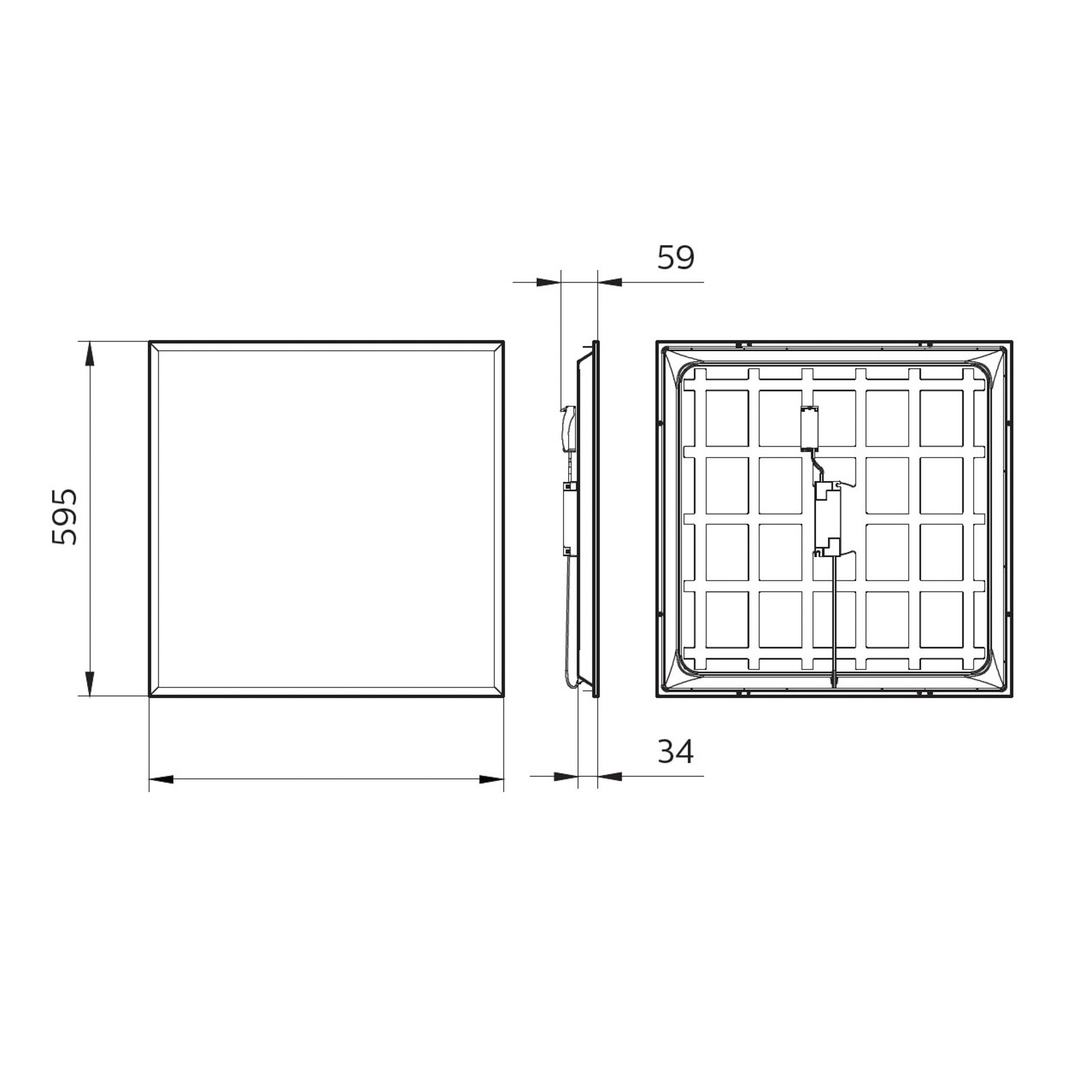 Ein Diagramm mit den Abmessungen einer quadratischen Leuchte.