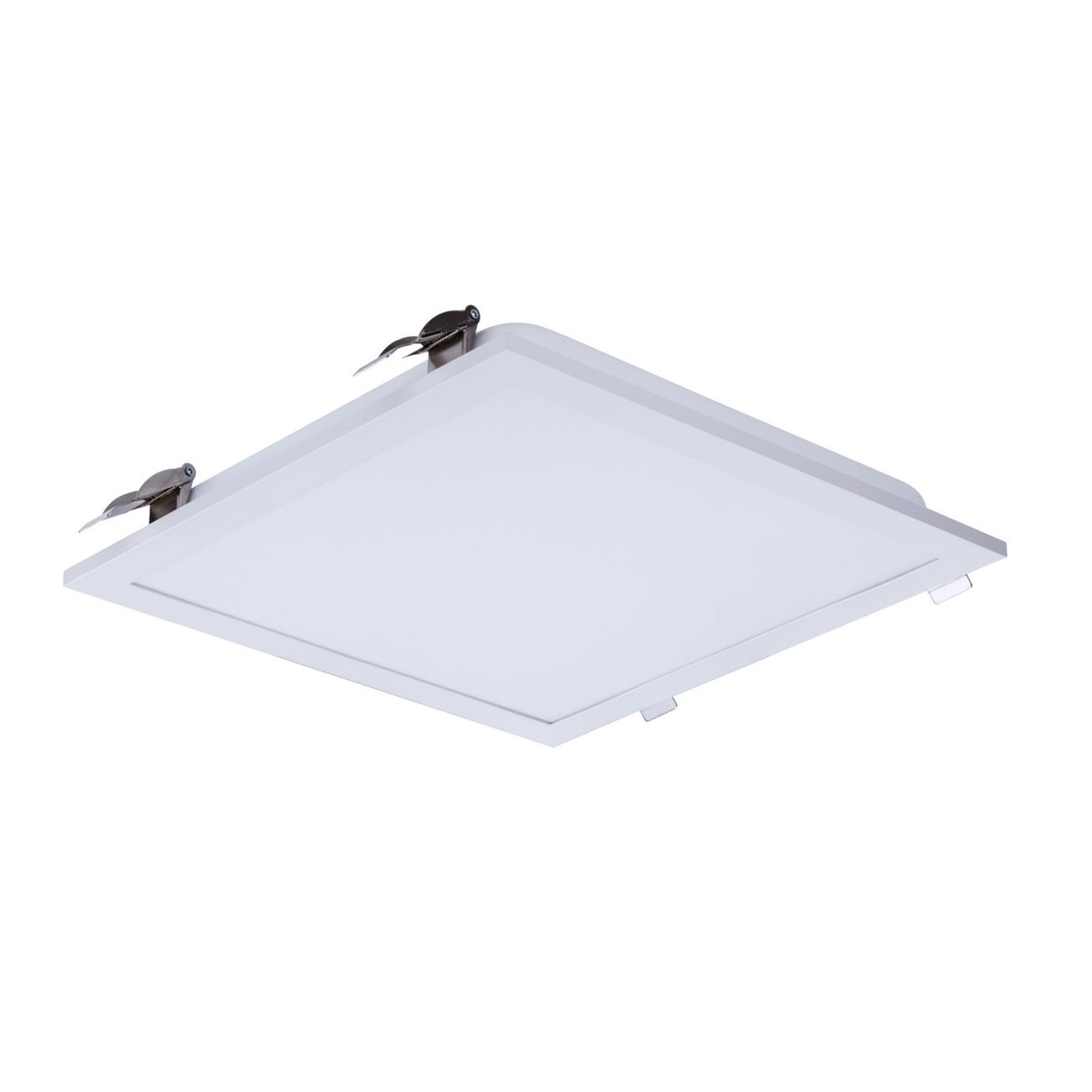 Un apparecchio di illuminazione a incasso quadrato bianco con clip.