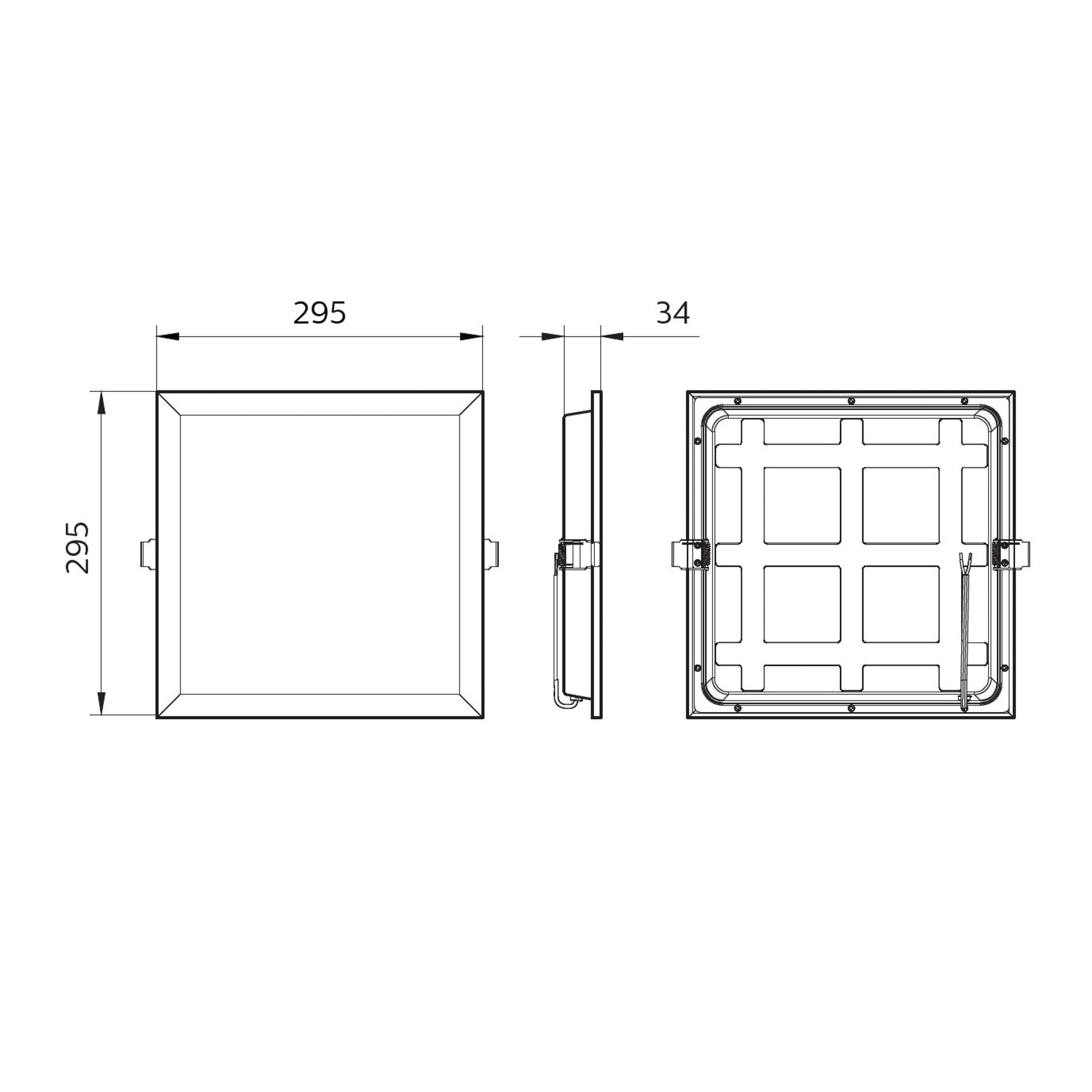 Disegno schematico di un lampada da soffitto quadrata. Dimensioni: 295 mm x 295 mm x 34 mm.