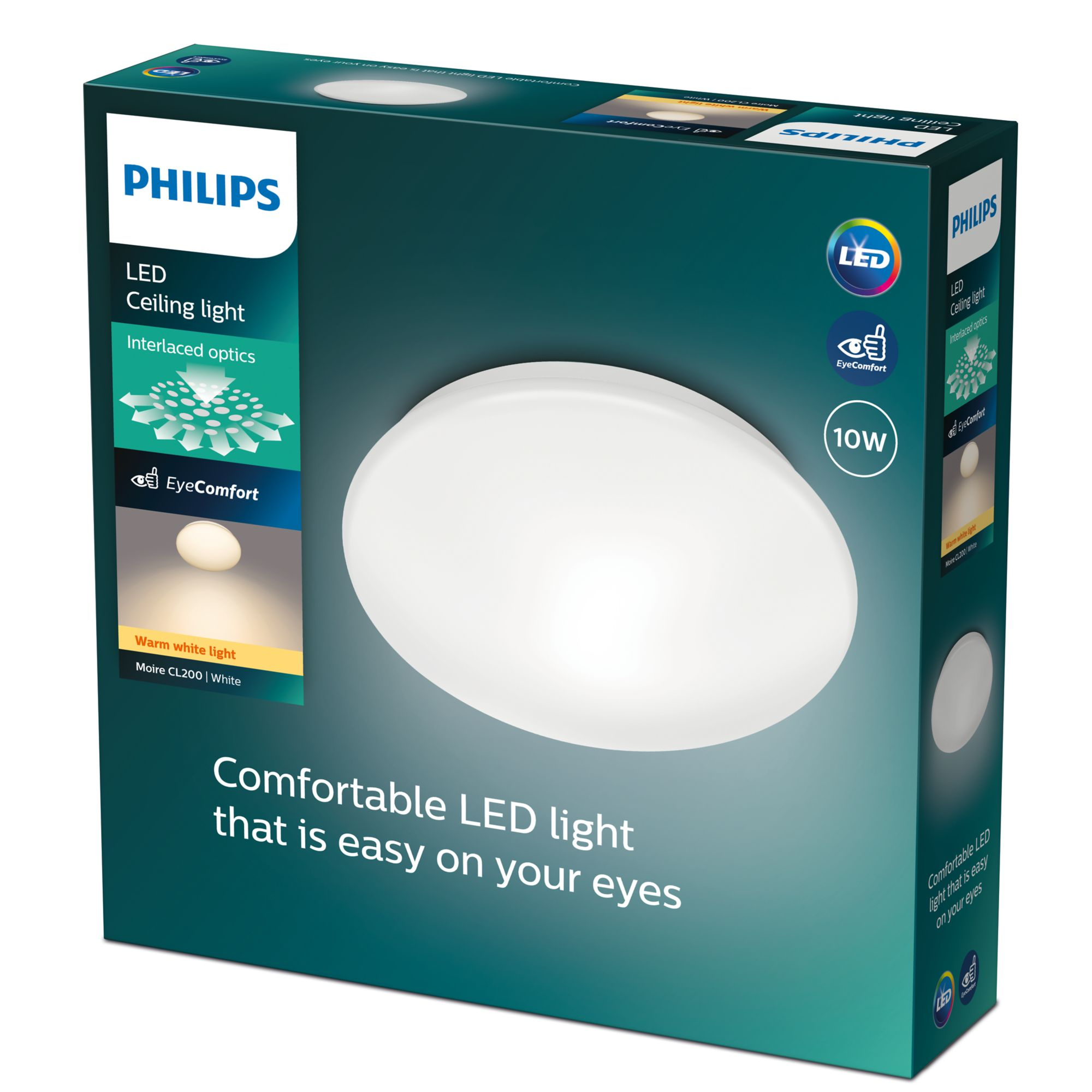 Packaging of a Philips LED ceiling light, with a white light on display.