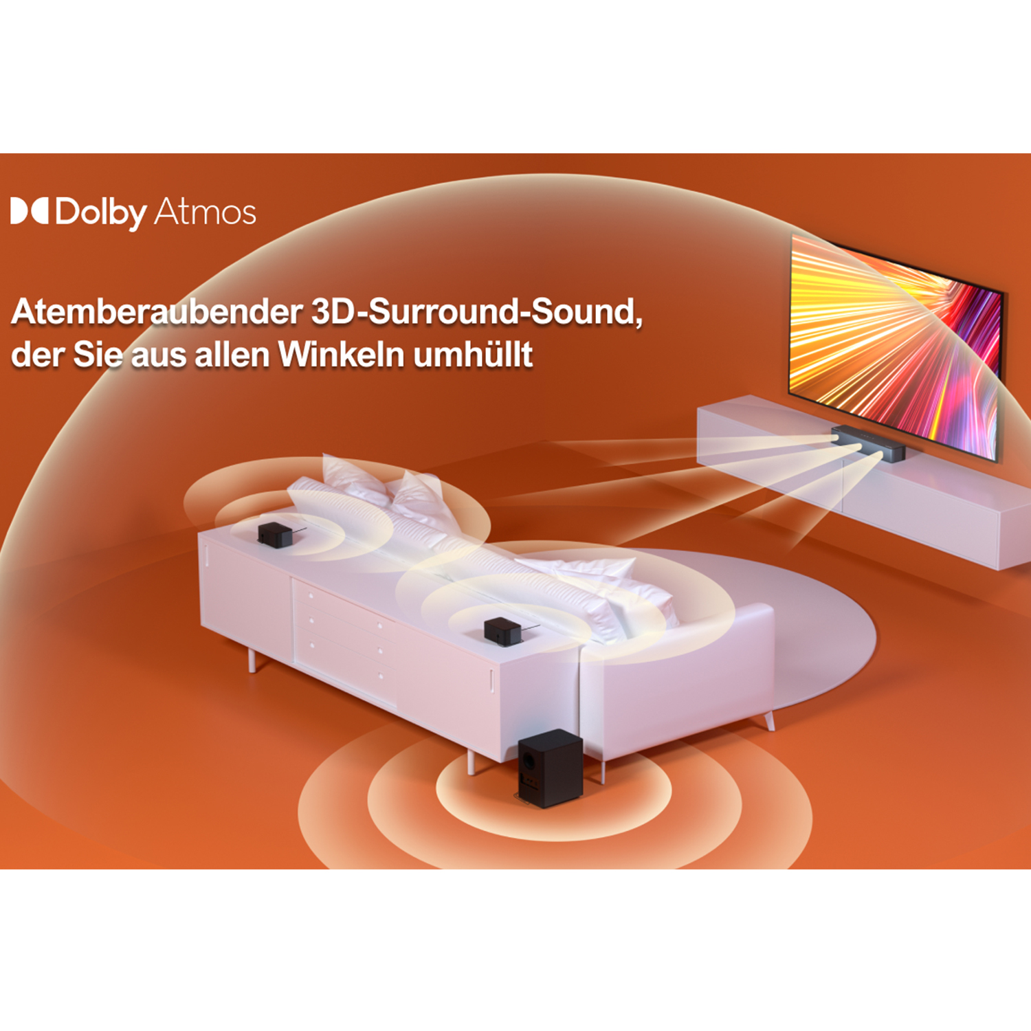 Ein Wohnzimmer-Setup mit Fernseher, Lautsprechern und weißem Schrank, mit orangenen Schallwellen.