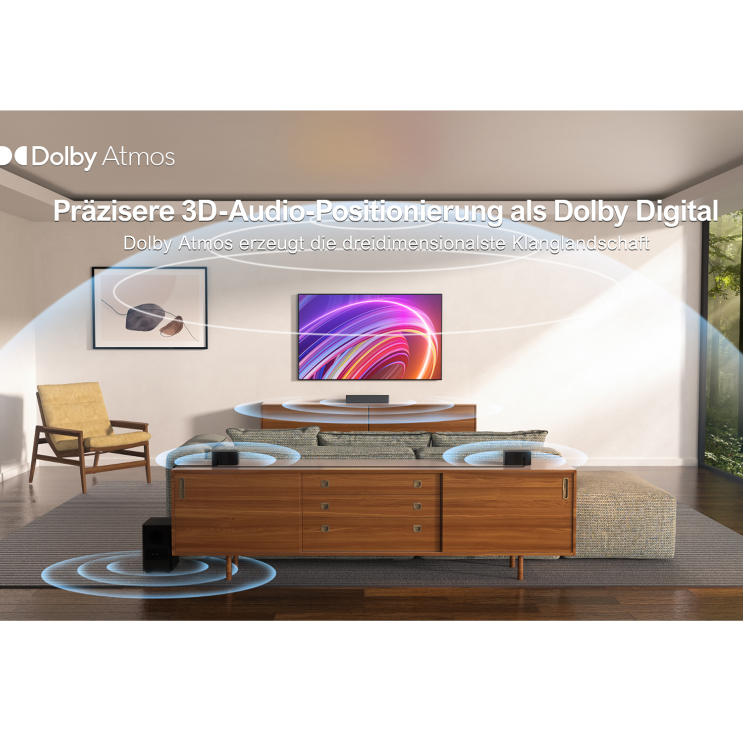 Wohnzimmer mit Fernseher, Soundsystem und modernem Holzschrank.