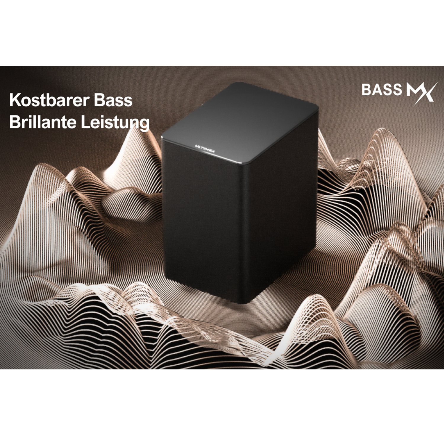 Schwarzer Lautsprecher auf wellenförmigem braunen Hintergrund. Text: Kostbarer Bass Brilliante Leistung.
