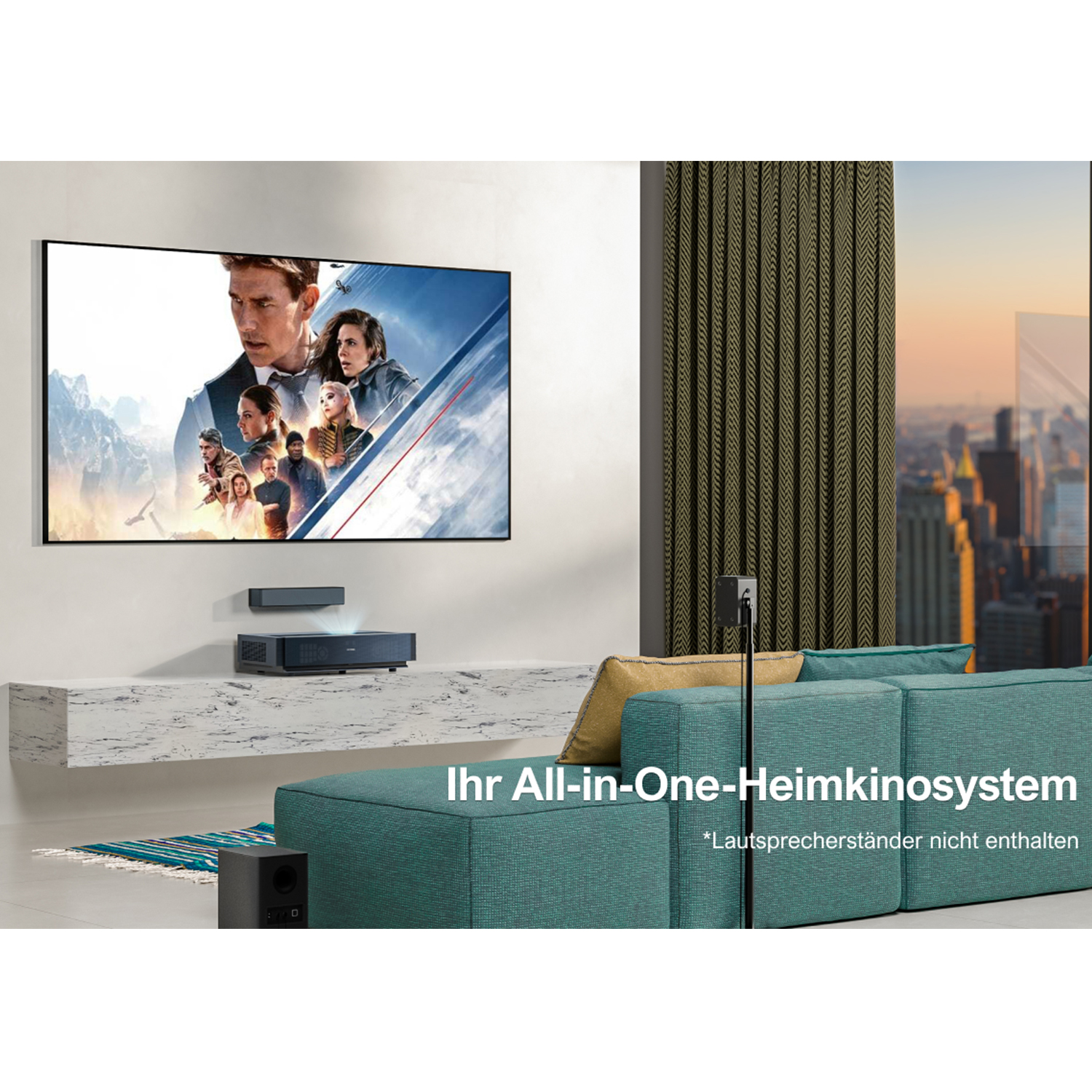 Heimkino mit großem Bildschirm, Projektor und Soundsystem in einem modernen Wohnzimmer.