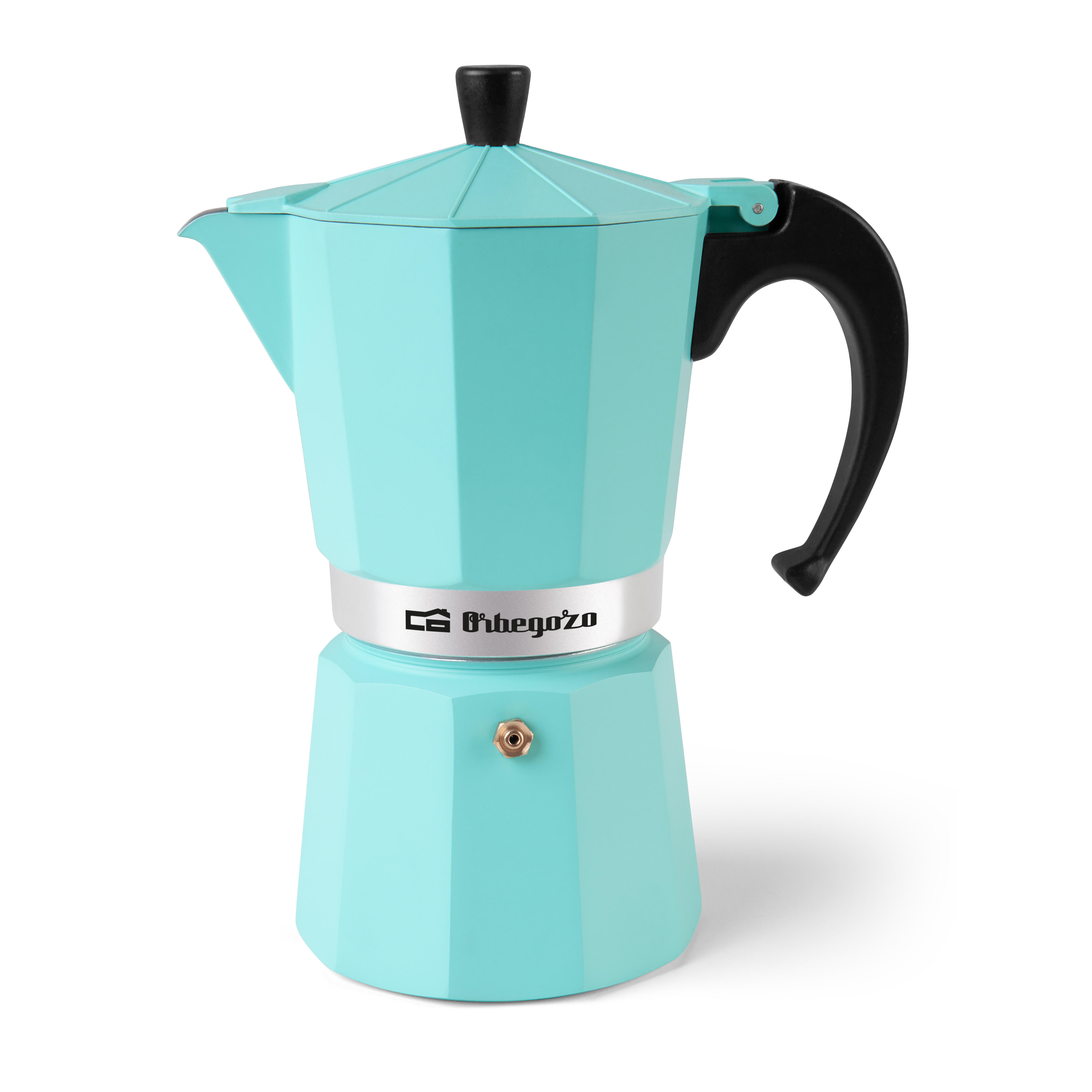 Turkusowy kawiarka z czarnym uchwytem i pokrywką, na białym tle.